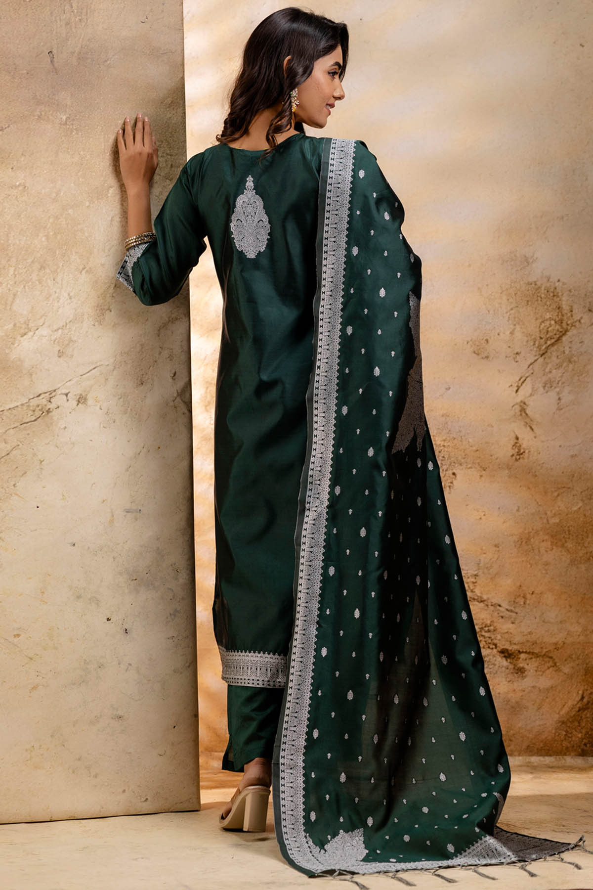 Green Self Weaving Kurta Set