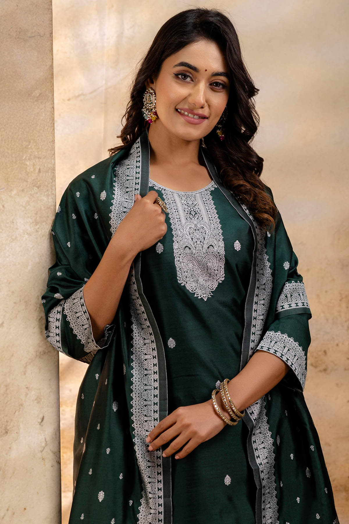 Green Self Weaving Kurta Set