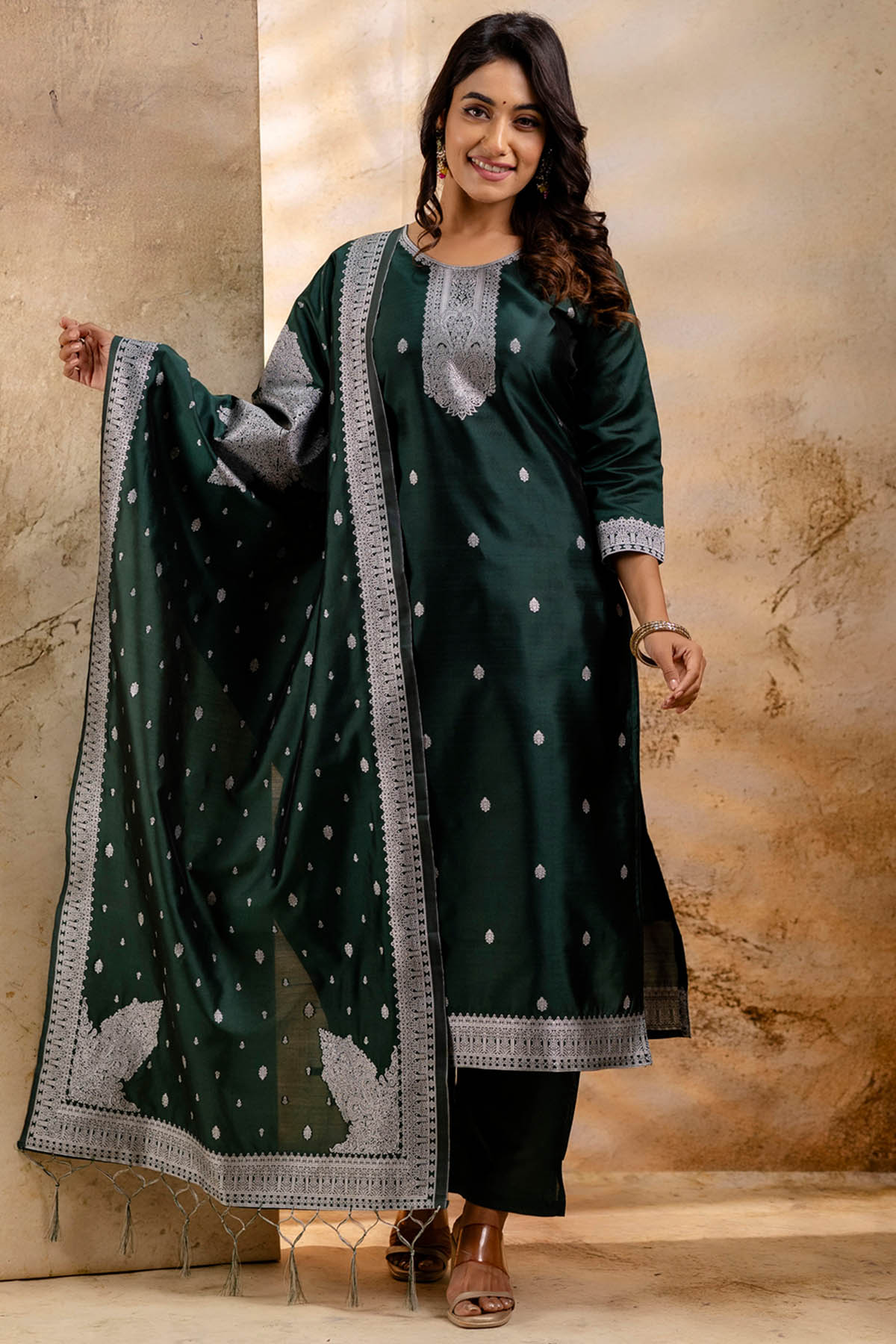 Buy Green Self Weaving Kurta Set for women by Aastha Fashion online available at scrollnshops
