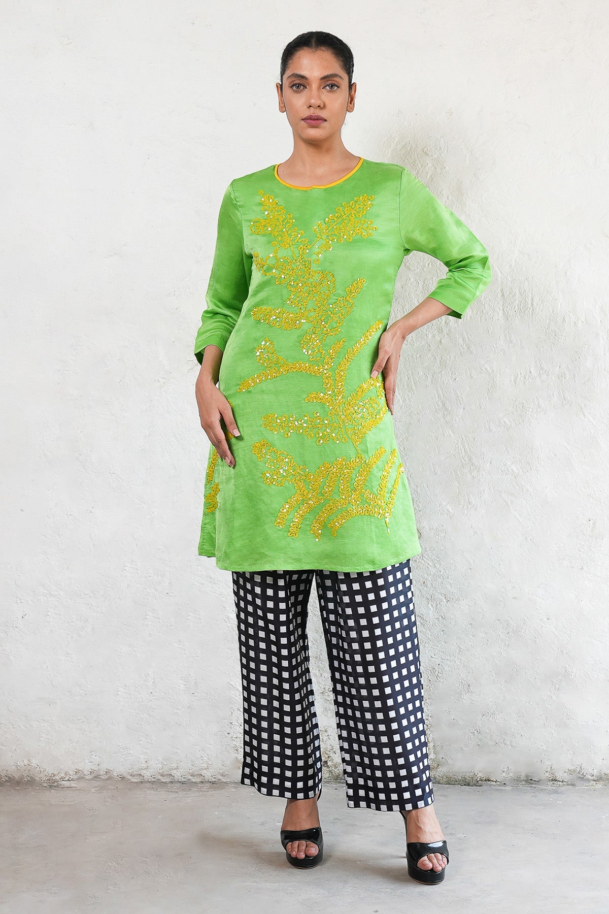Buy Green Sequins A-Line Kurta Set by Saksham Neharicka for women online at ScrollnShops