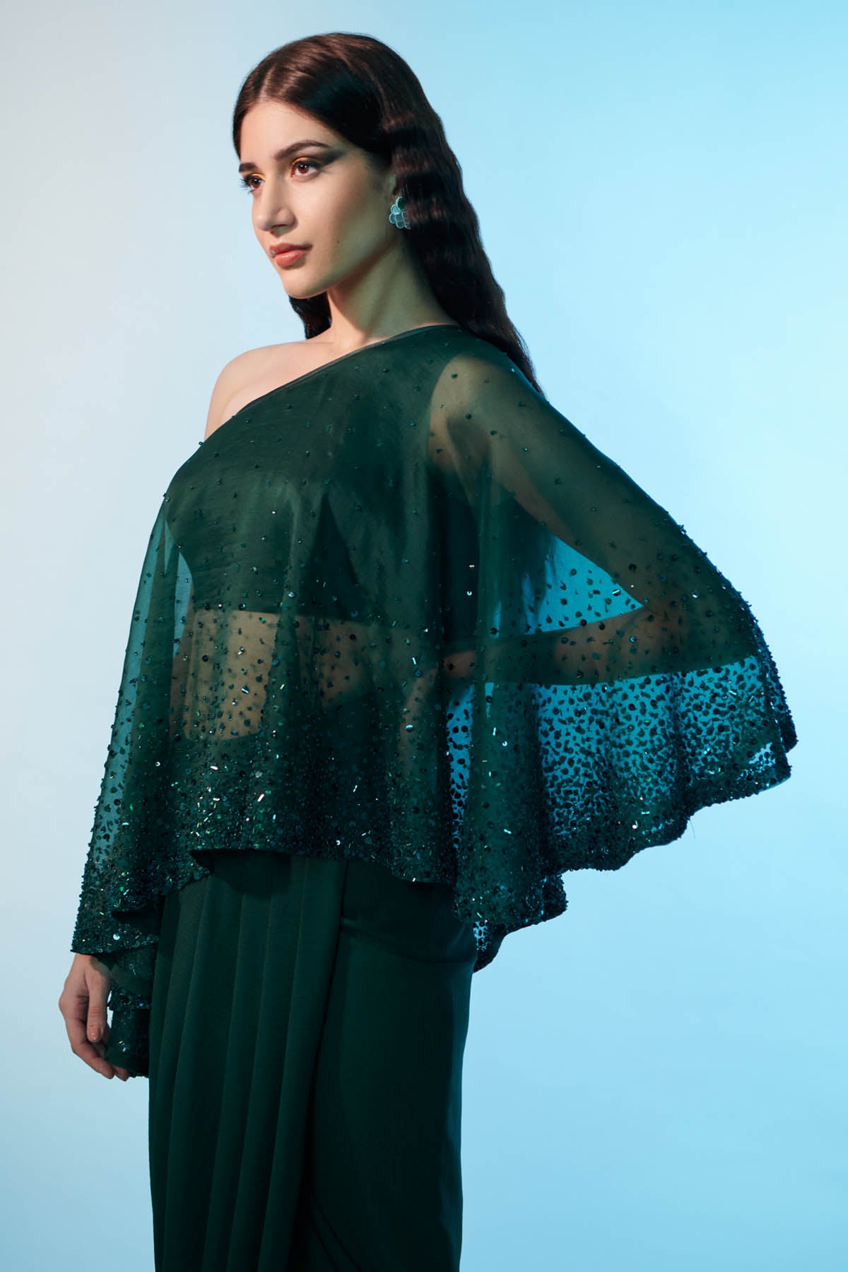 Green Sequins Cape & Skirt Set