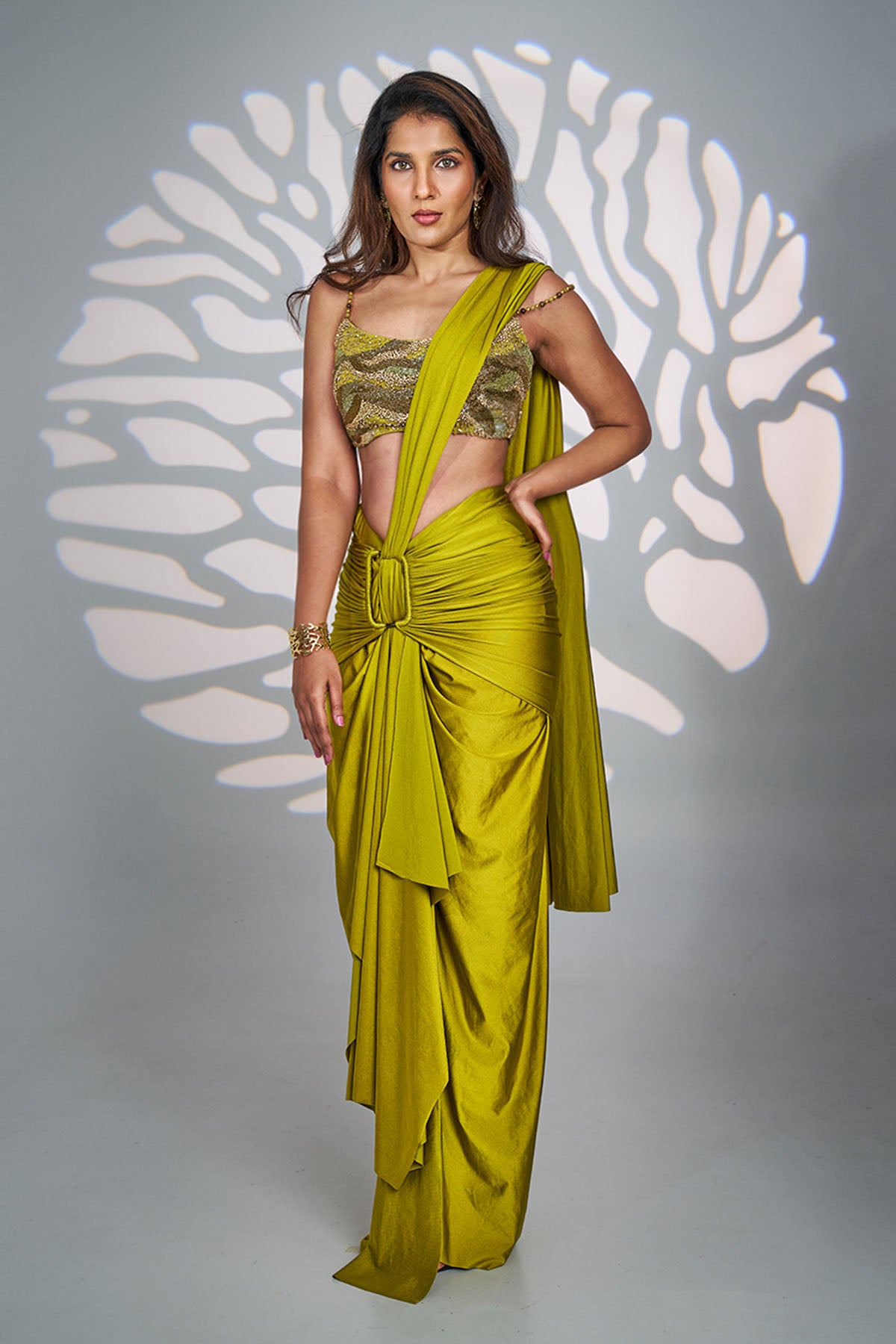 Green Sequins Cutdana Saree Set