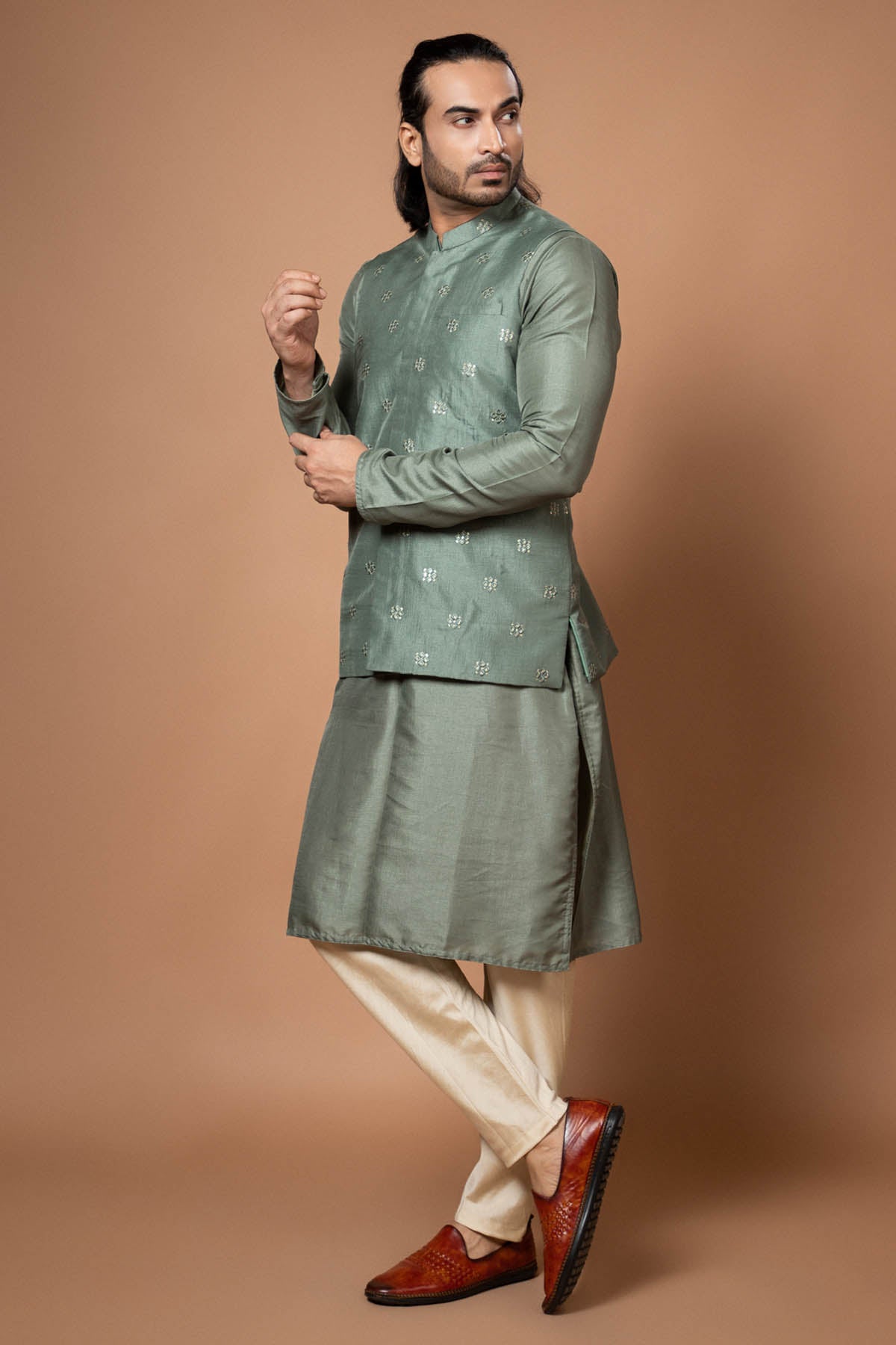 Green Sequins Embroidered Bundi