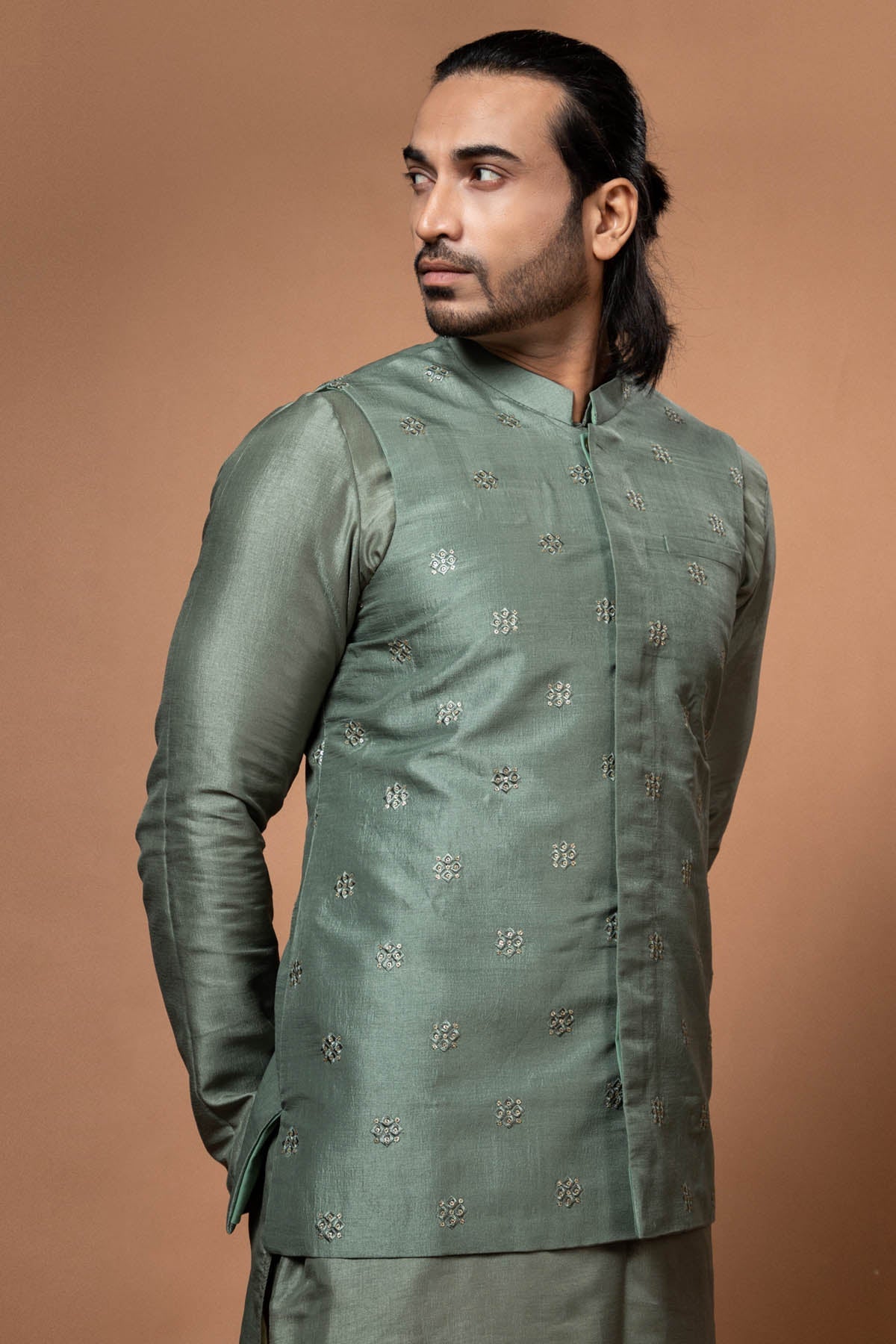 Priyanka Haralalka Green Sequins Embroidered Bundi for men online at ScrollnShops