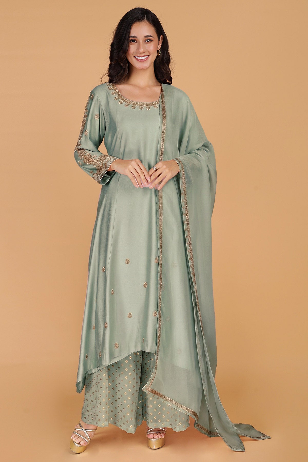 Buy Green Sequins & Pearl Kurta Set for women by Milu Madan online available at scrollnshops
