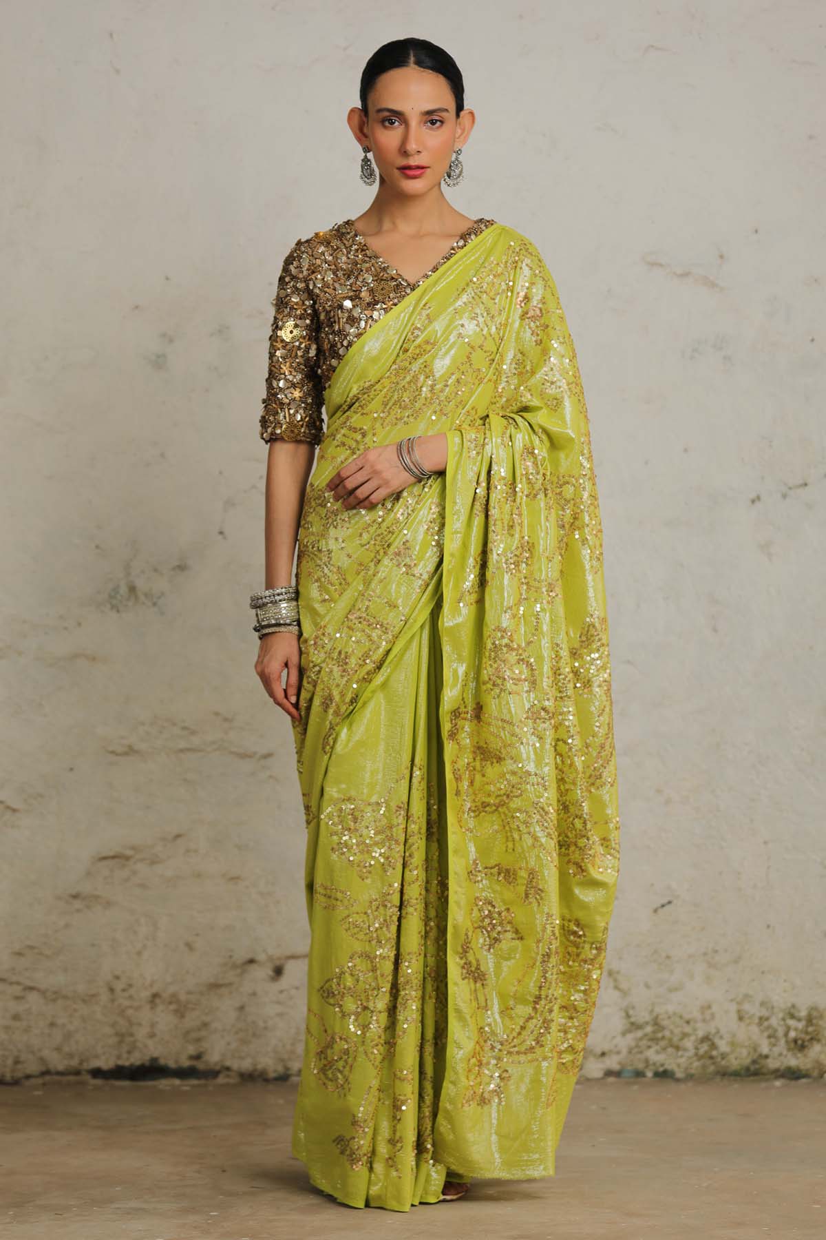 Saksham Neharicka Green Sequins Saree & Blouse for women online at ScrollnShops