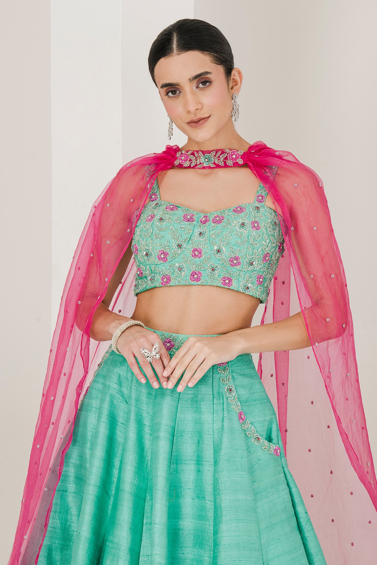 Green Sequins Work Lehenga Set