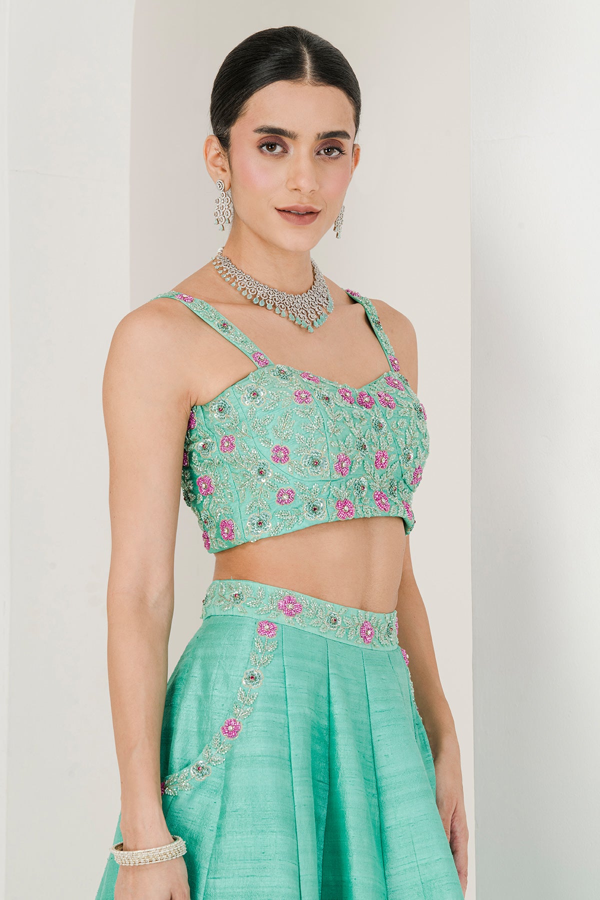 Green Sequins Work Lehenga Set
