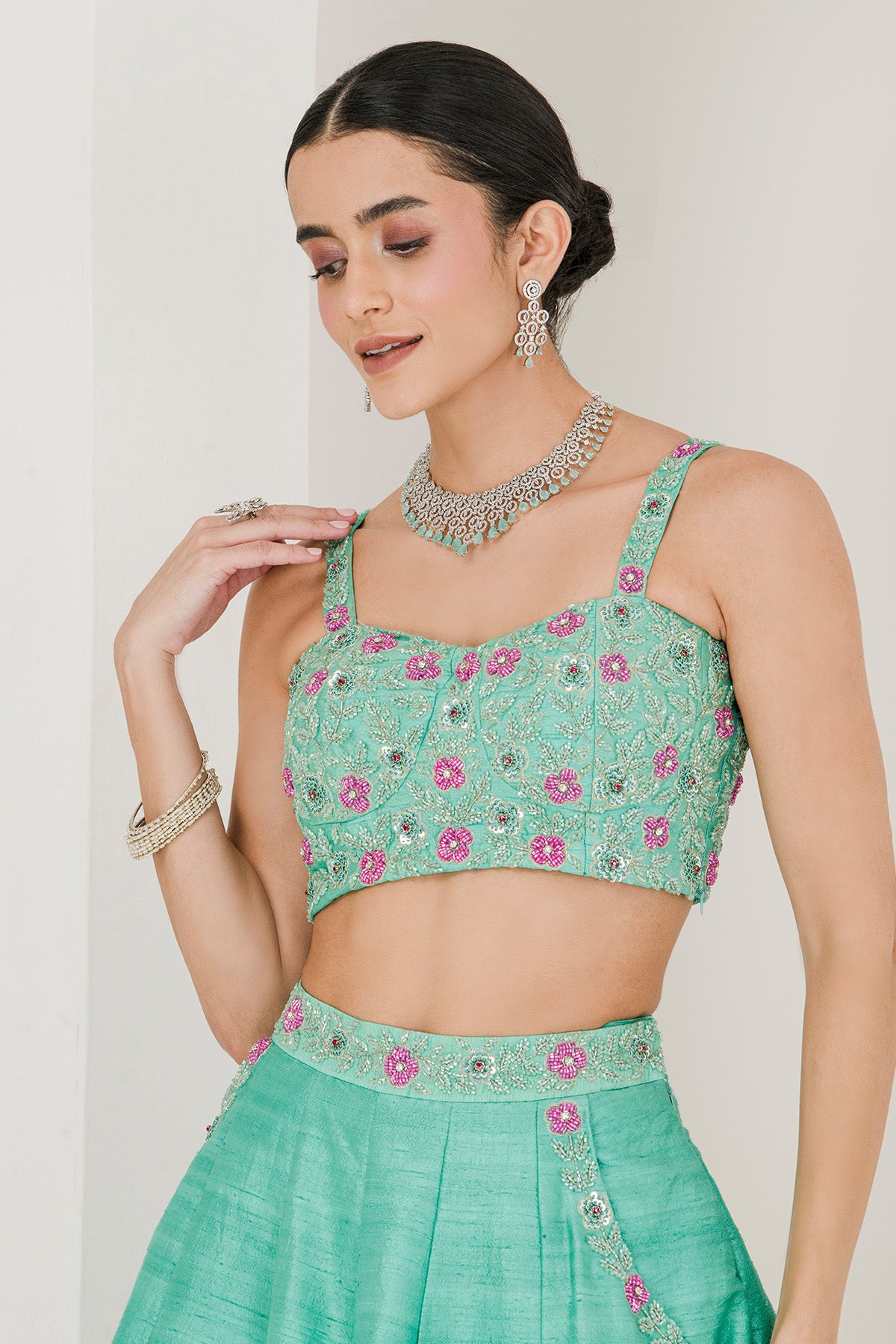 Green Sequins Work Lehenga Set
