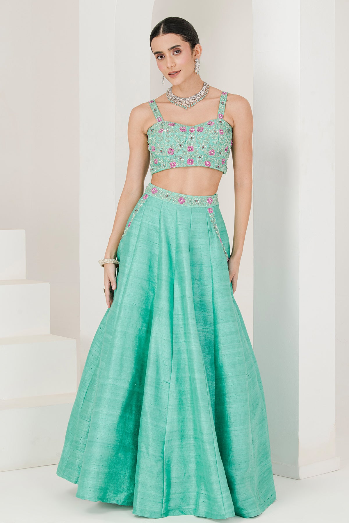 Green Sequins Work Lehenga Set
