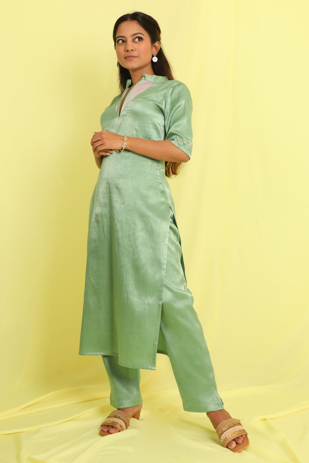Green Sheer Neck Kurta & Pants