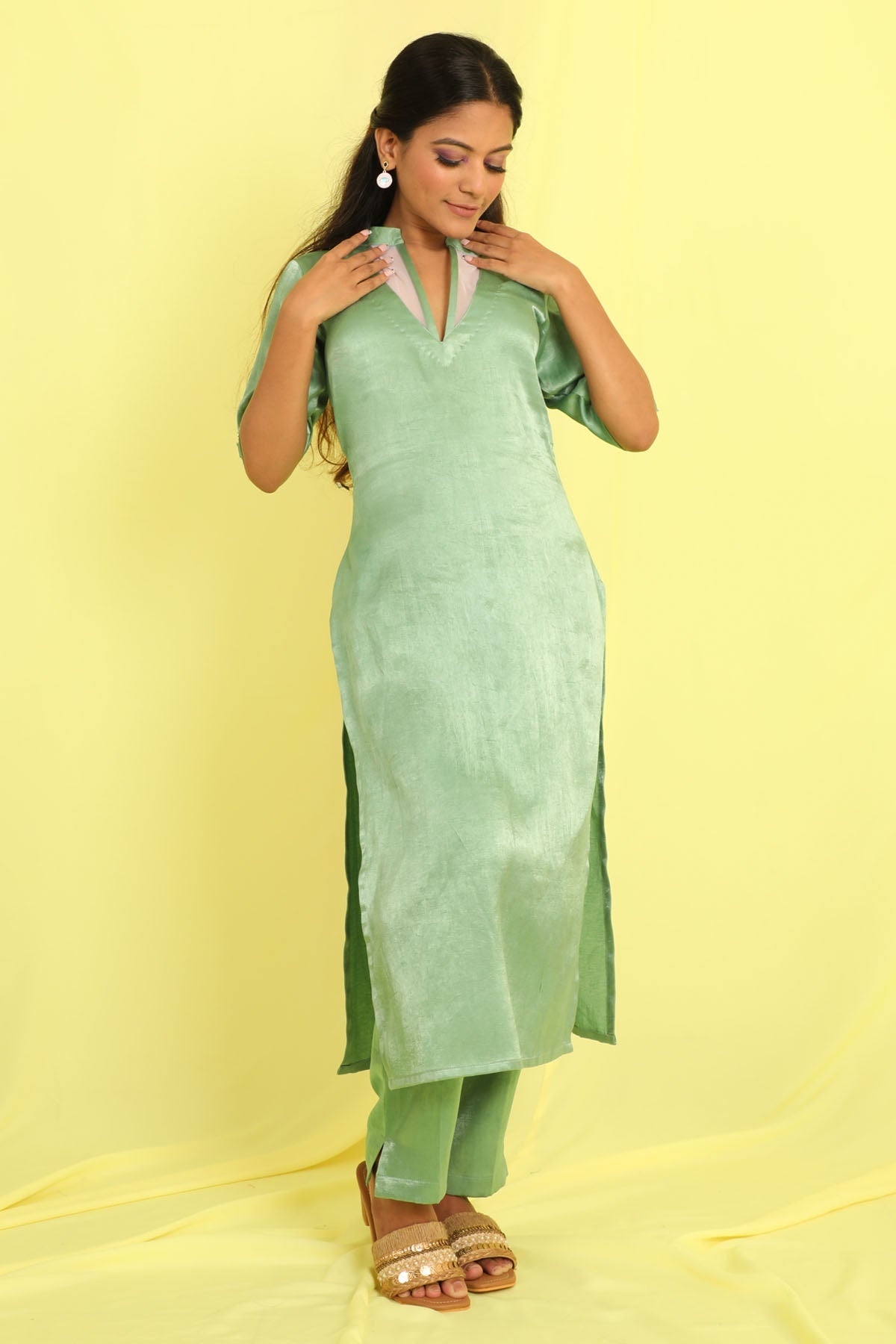 Deeya The Fashion House Green Sheer Neck Kurta & Pants for women online at ScrollnShops