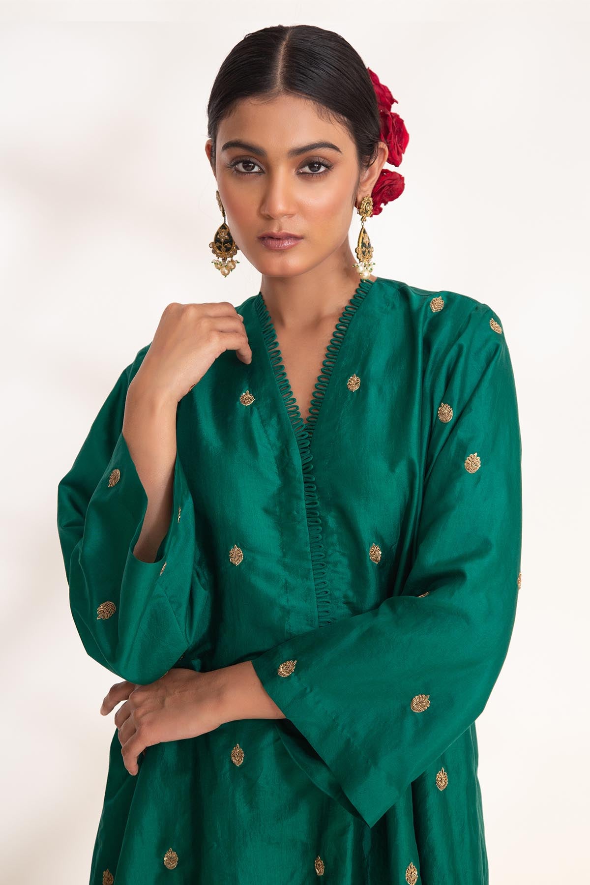 Green Short Flared Kurta & Pants