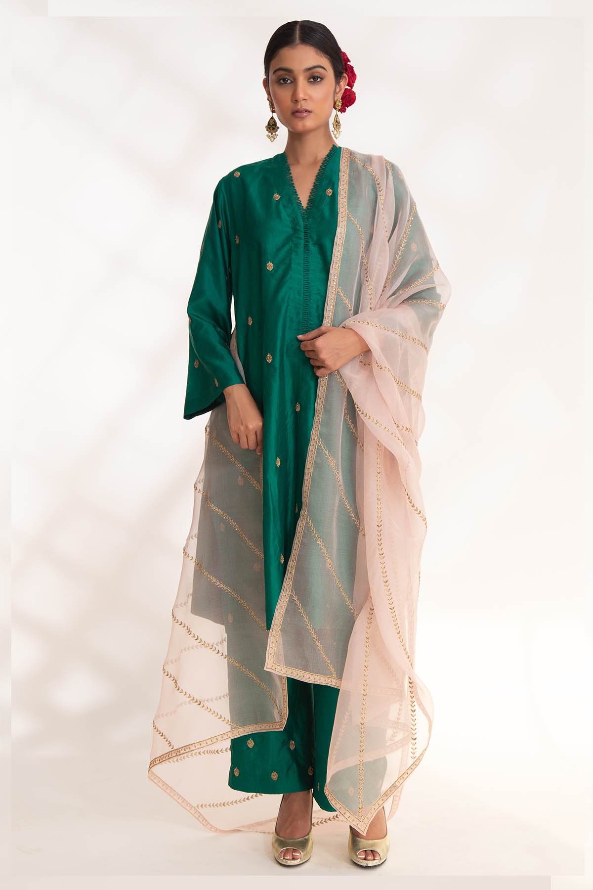 Green Short Flared Kurta & Pants