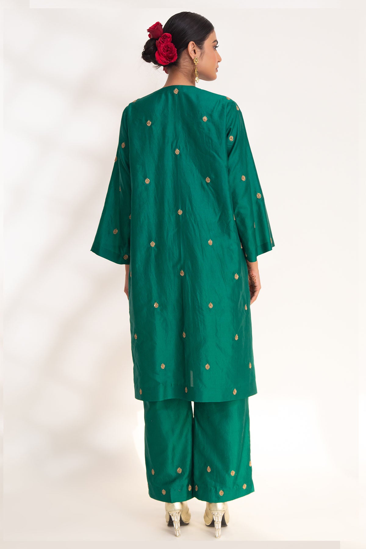 Green Short Flared Kurta & Pants