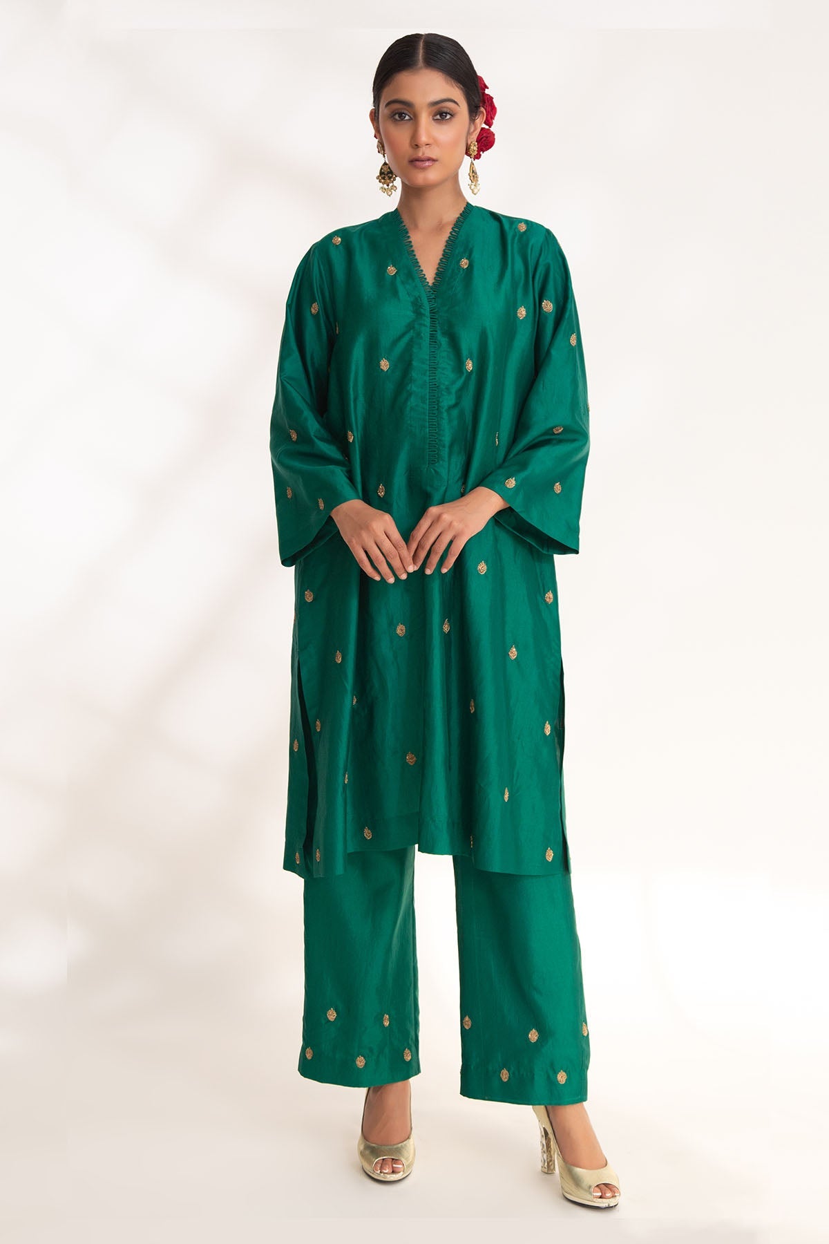 Chhaya Mehrotra Green Short Flared Kurta & Pants for women online at ScrollnShops