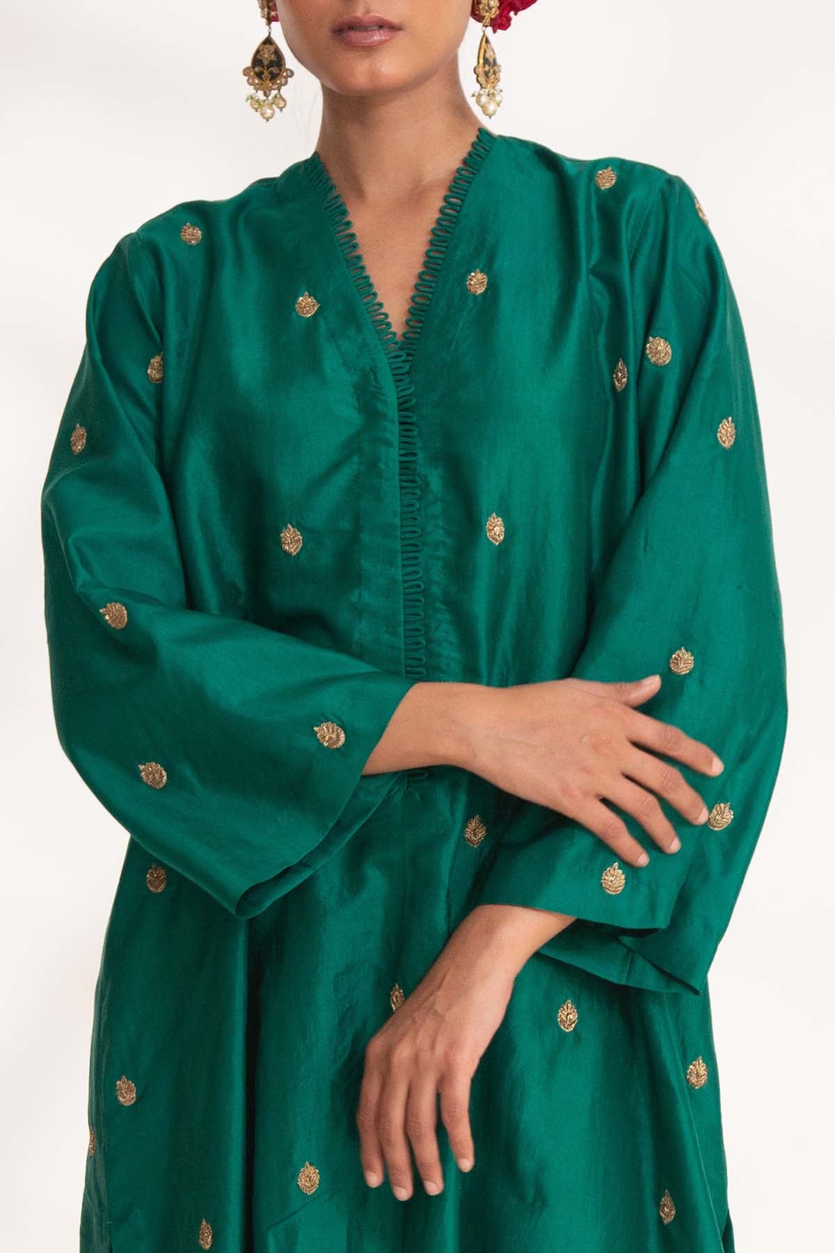 Green Short Flared Kurta & Pants