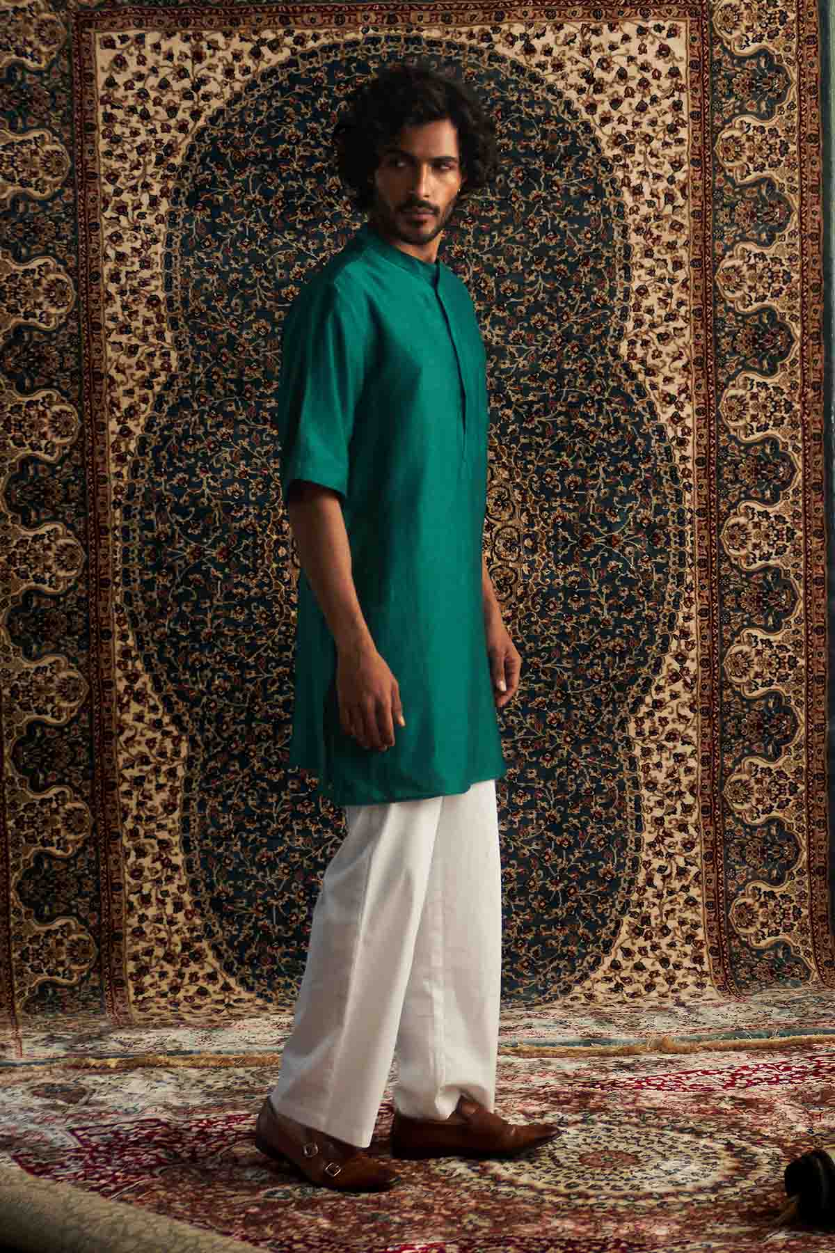Green Short Sleeves Kurta Set