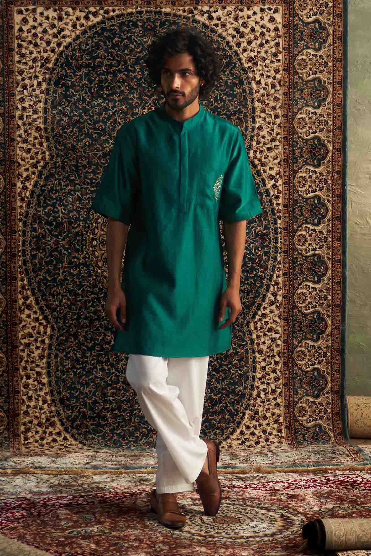 Buy Green Short Sleeves Kurta Set Online