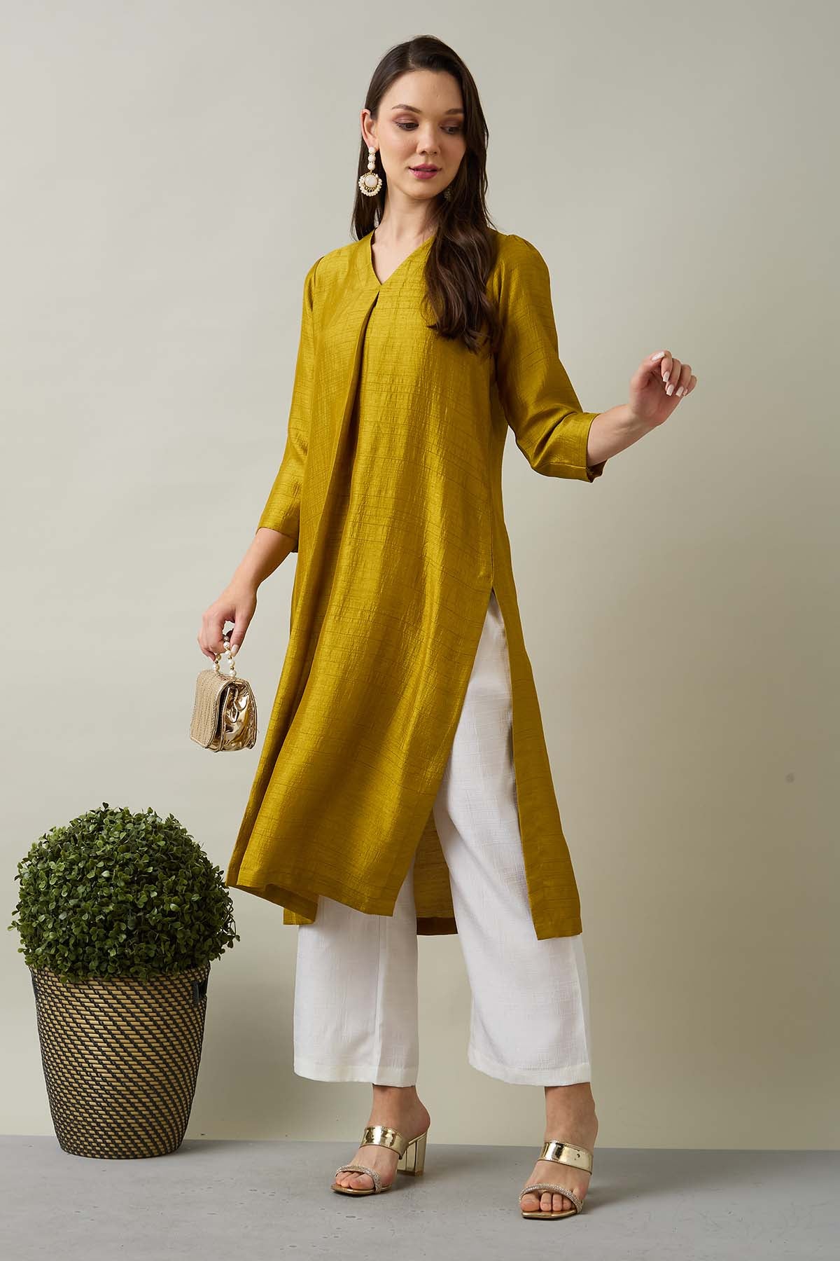 Green Silk Box Pleat Kurta Set