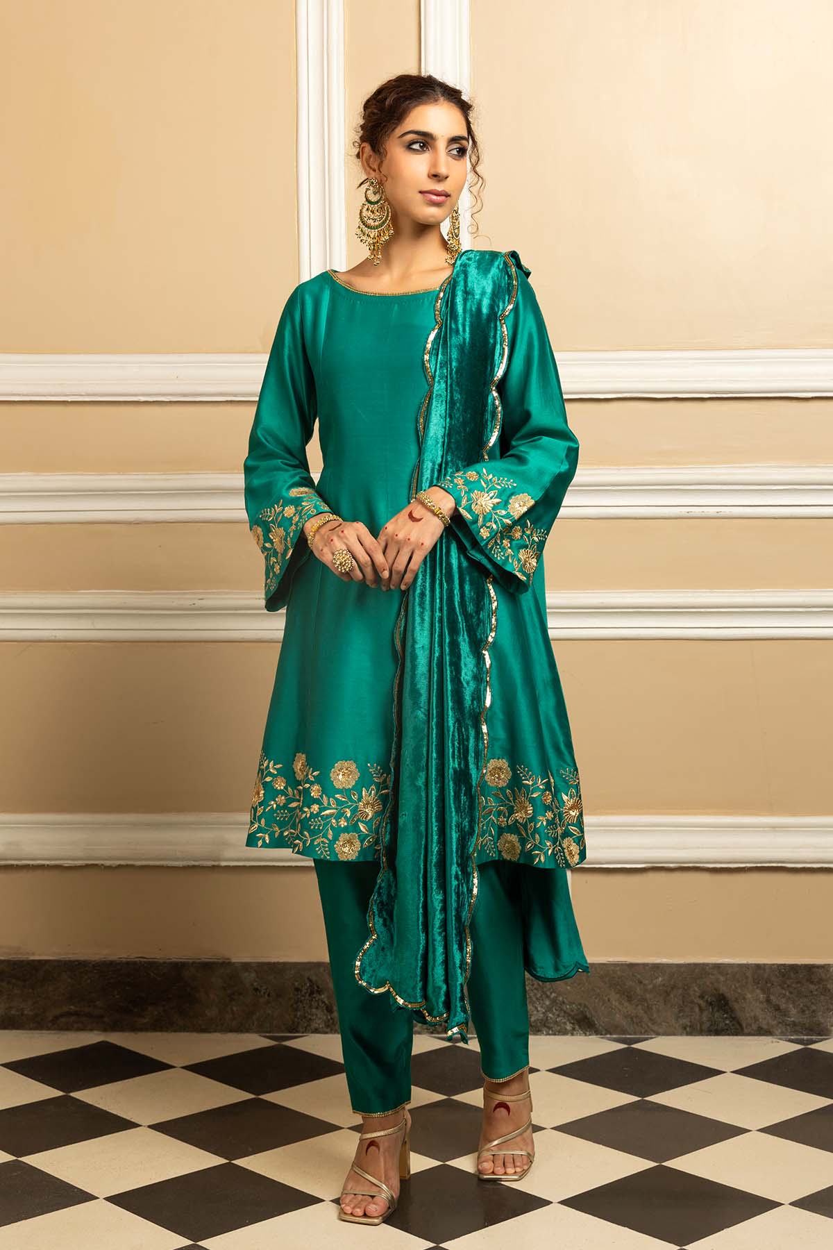 Buy Green Silk Chanderi Kurta Set by Dohr India for women online at ScrollnShops