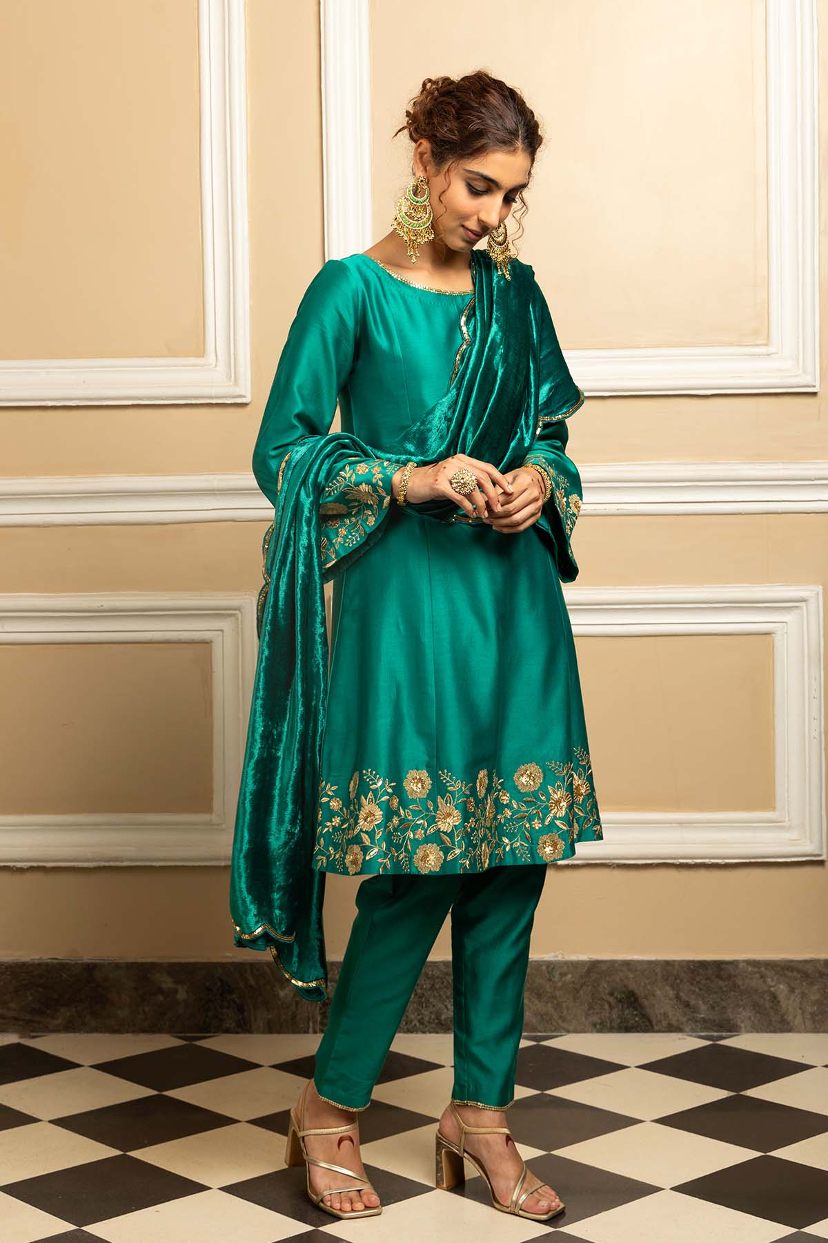 Green Silk Chanderi Kurta Set
