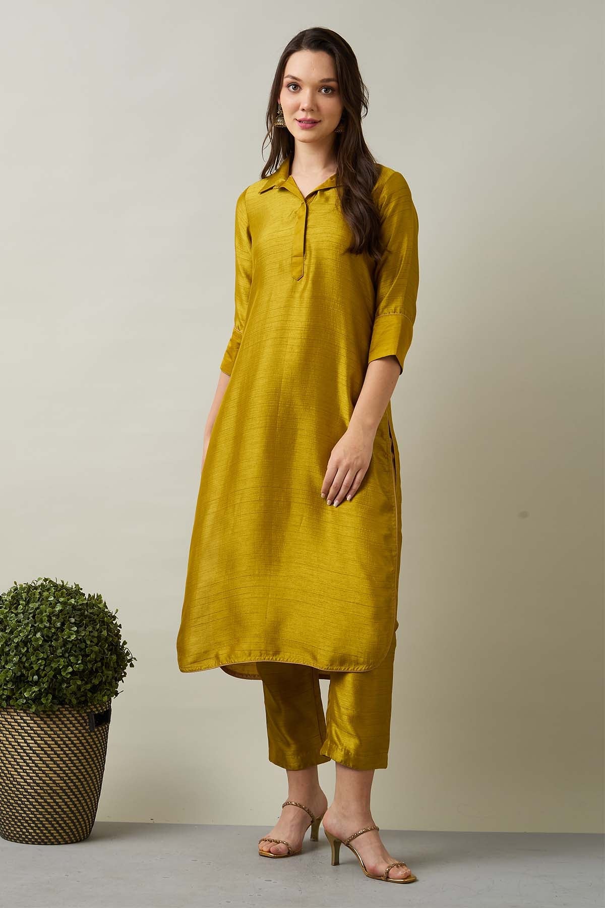 Buy Green Silk Collar Kurta & Pants by SNEHA B for women online at ScrollnShops