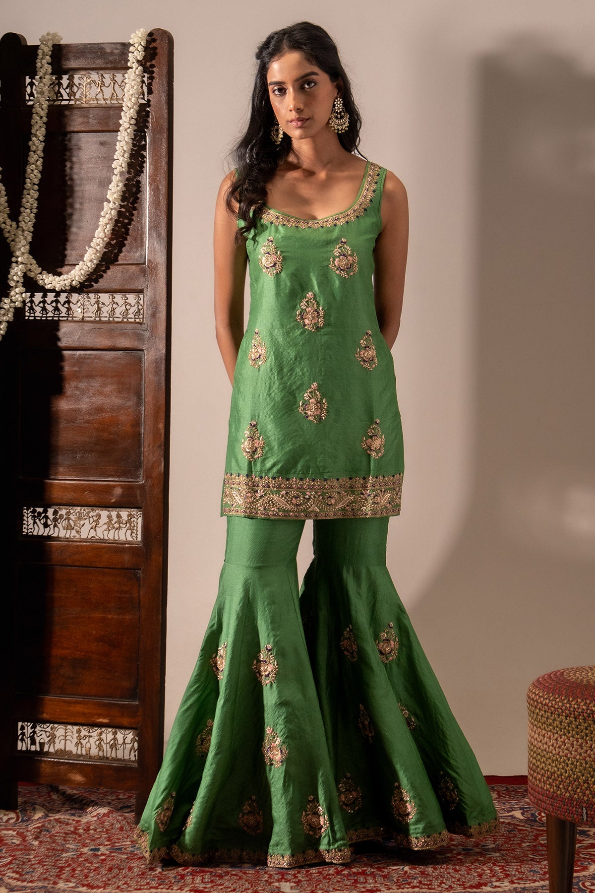 Green Silk Embroidery Kurta Set