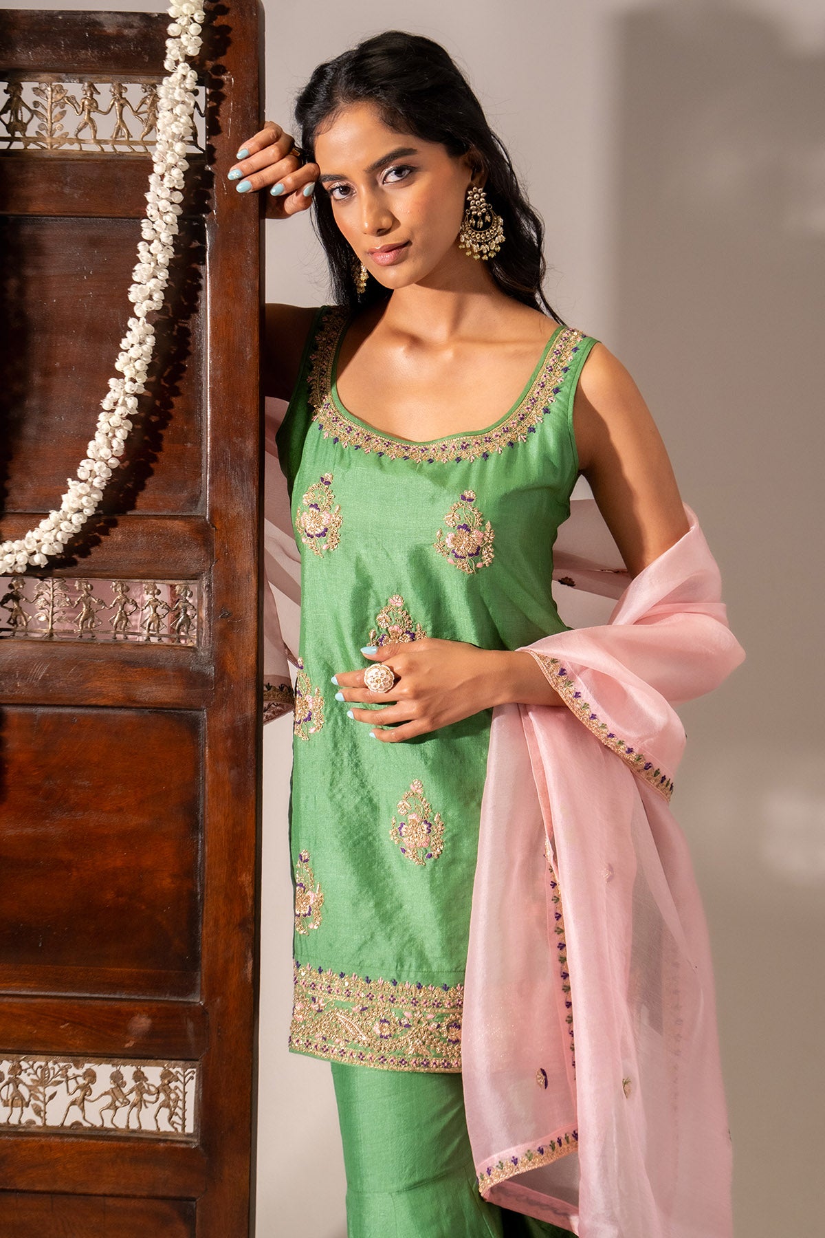 Green Silk Embroidery Kurta Set