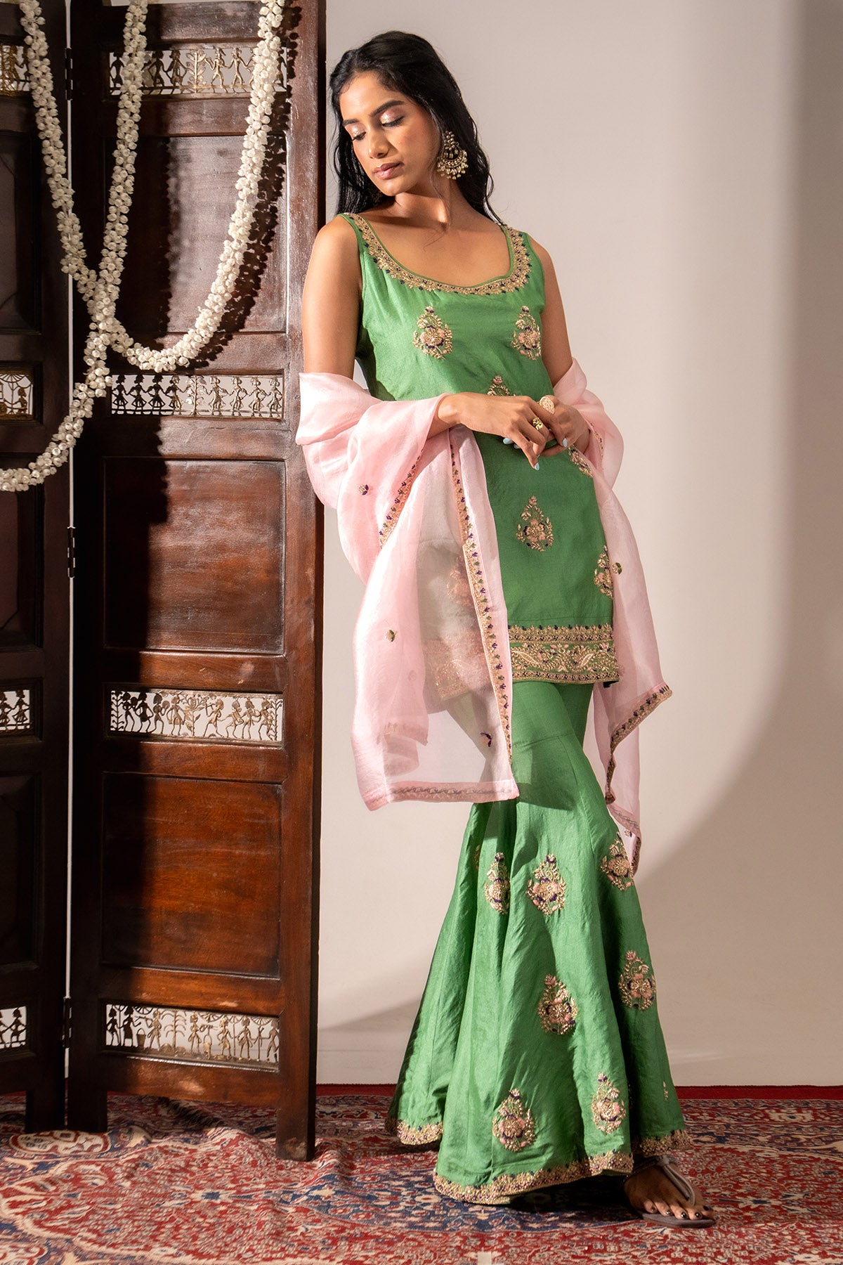 Green Silk Embroidery Kurta Set