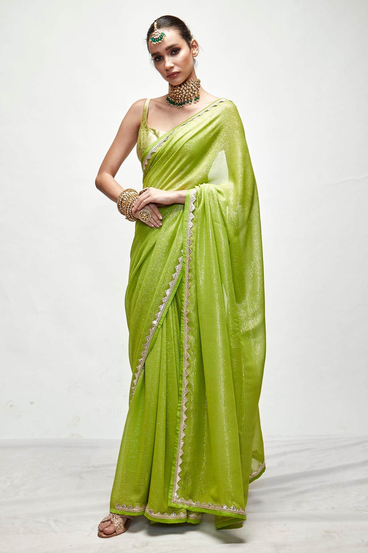 Designer Ranian Chartreuse green silk georgette saree with self woven gold and silver metallic threads, gota and silk satin paired with silk brocade champagne matt zari blouse For Women Online at ScrollnShops
