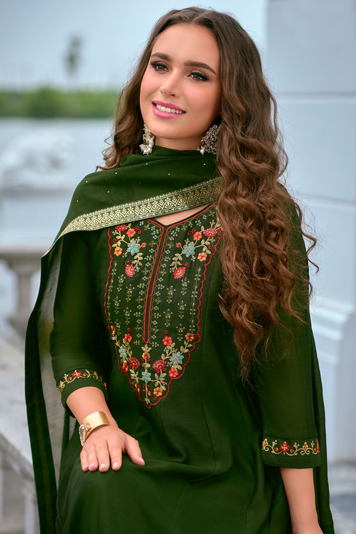 Green Silk Hand Work Kurta Set