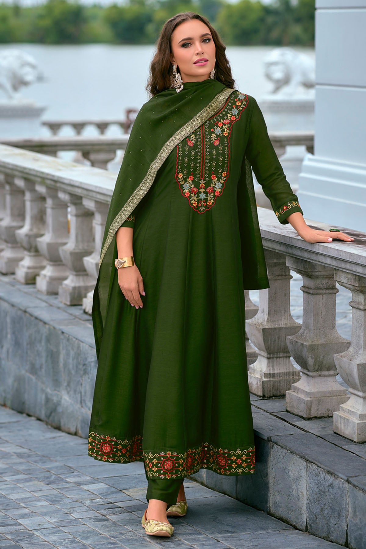 Green Silk Hand Work Kurta Set