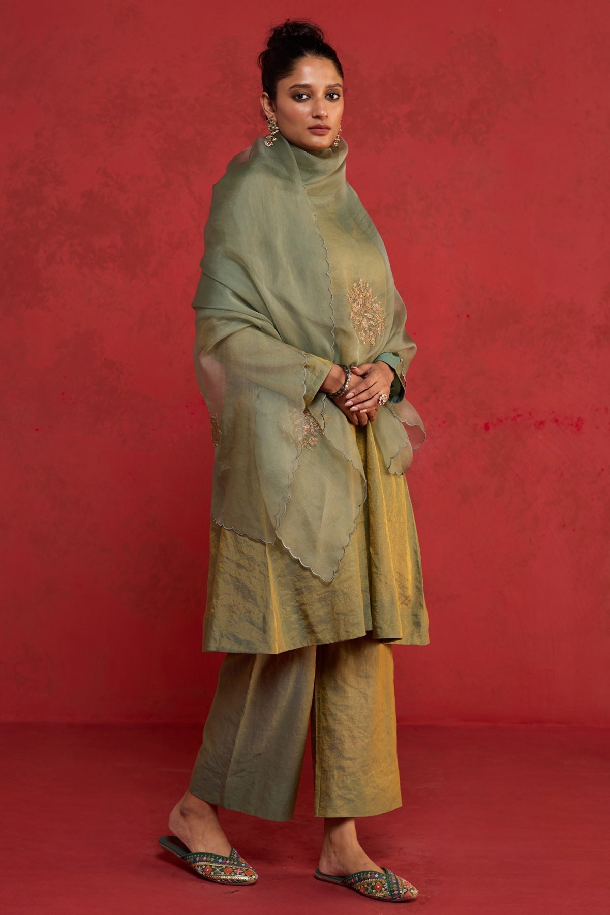 Buy Green Silk Handwoven Kurta Set for women by Rhua online available at scrollnshops