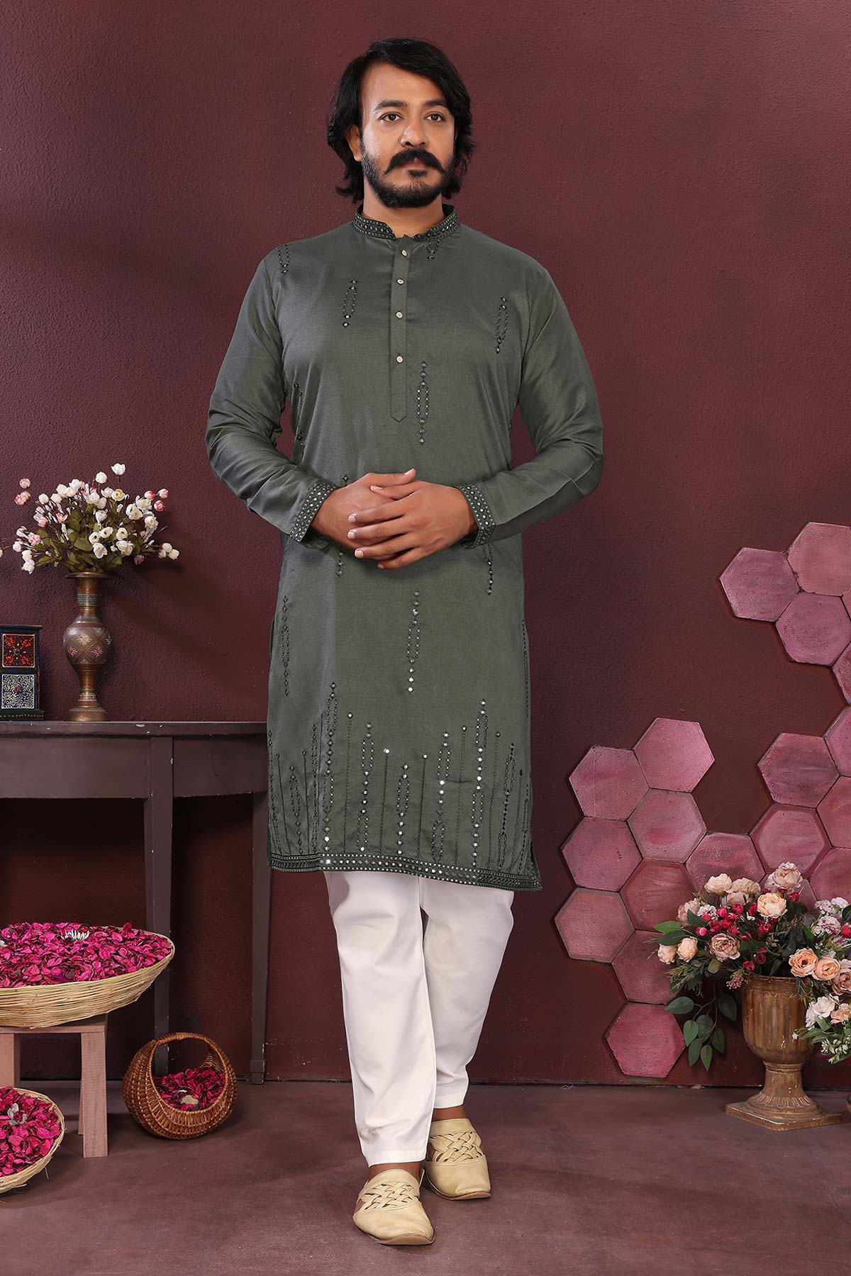Buy Green Silk Mirror Kurta & Pants for men by Jyoti Fashion online available at scrollnshops