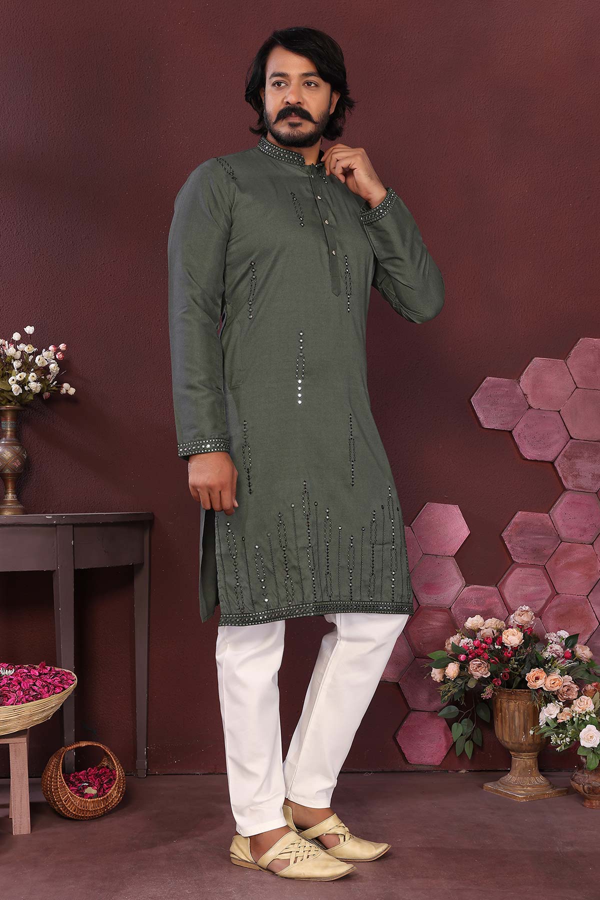 Green Silk Mirror Kurta & Pants