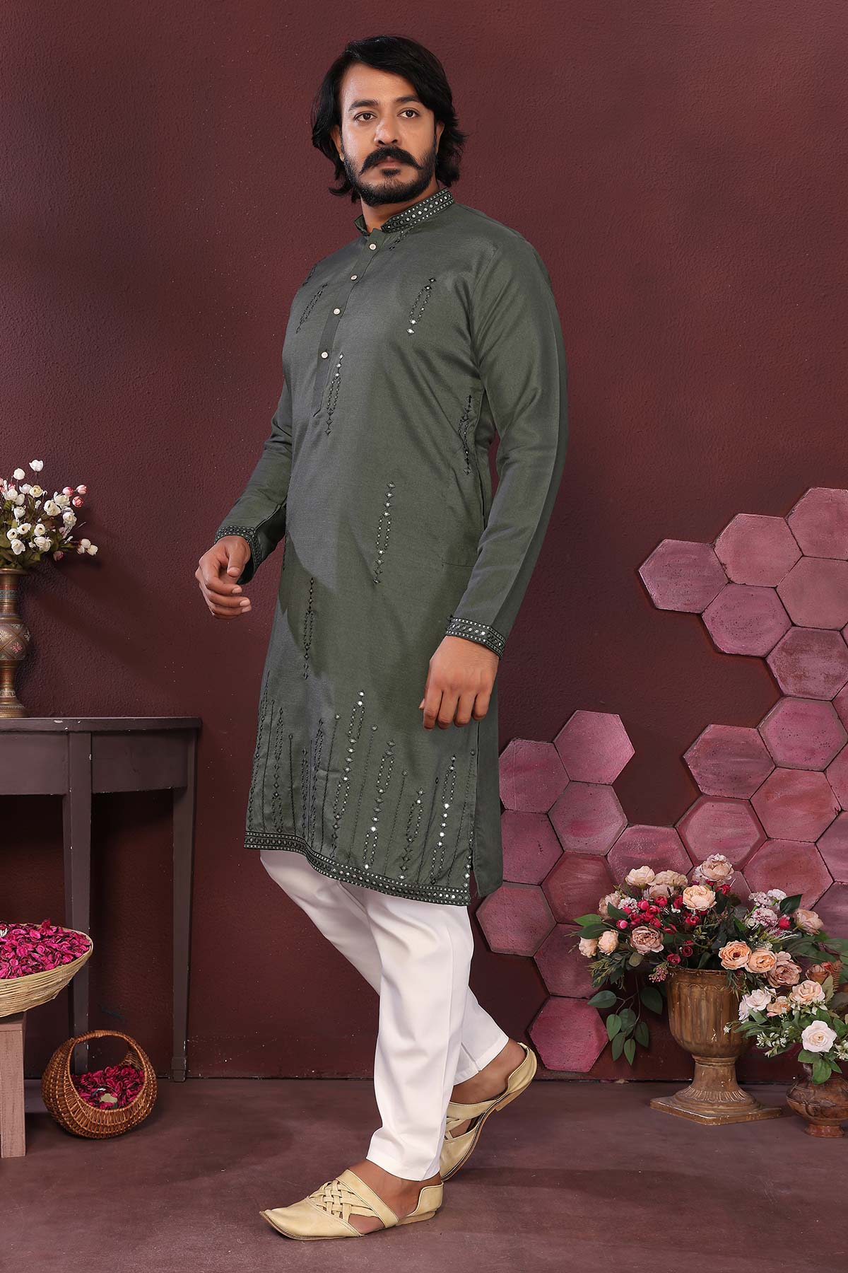 Green Silk Mirror Kurta & Pants
