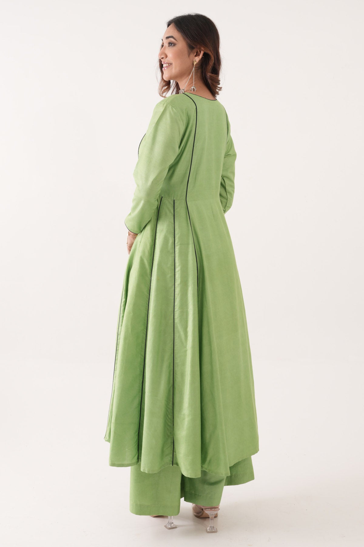 Green Silk Piping Anarkali Set