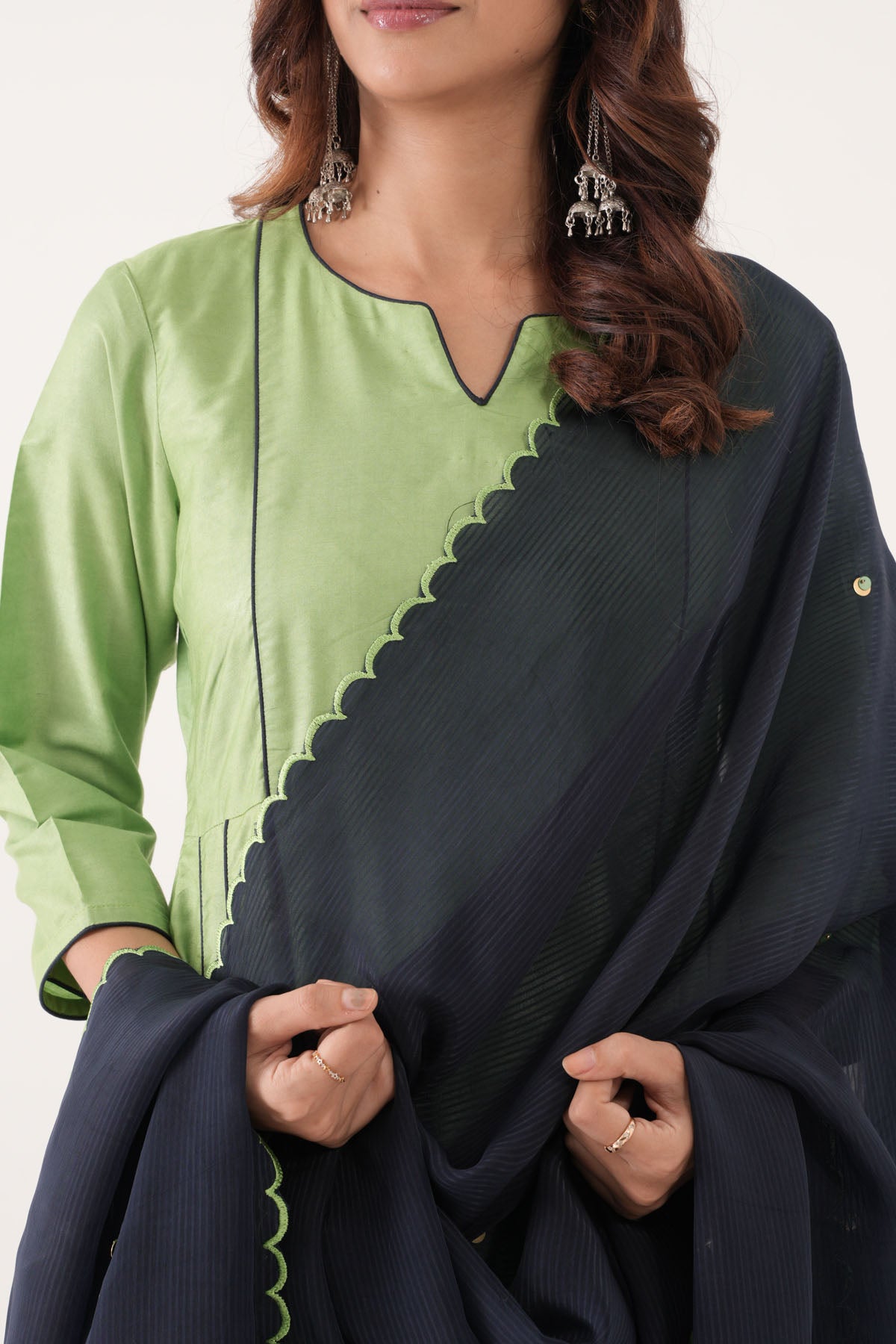 Green Silk Piping Anarkali Set