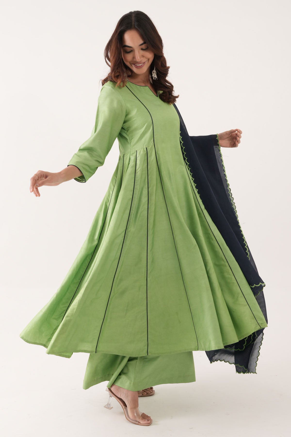 Green Silk Piping Anarkali Set