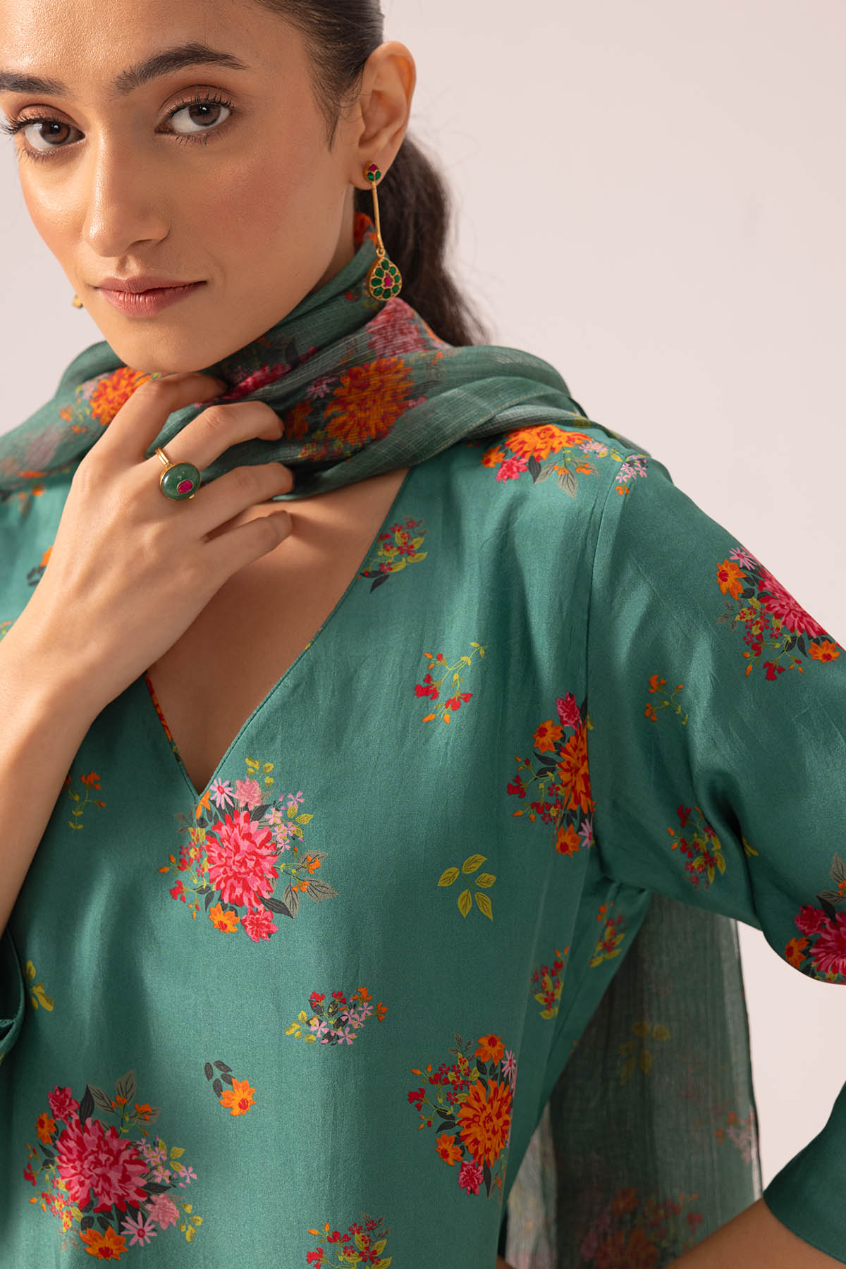 Green Silk Printed Kurta Set