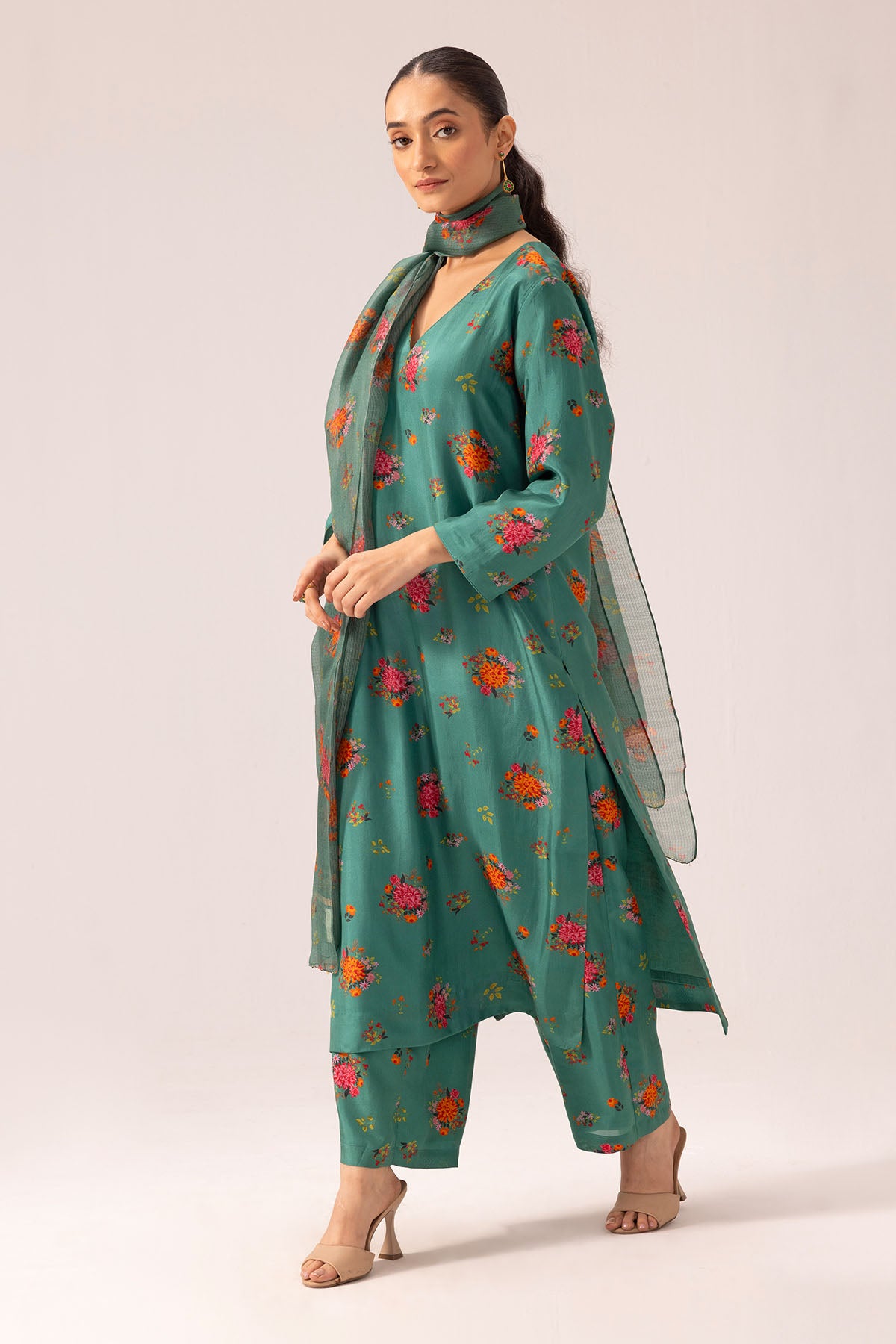Green Silk Printed Kurta Set