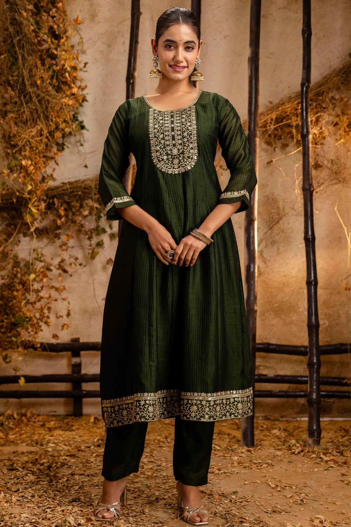 Green Silk Round Neck Kurta Set