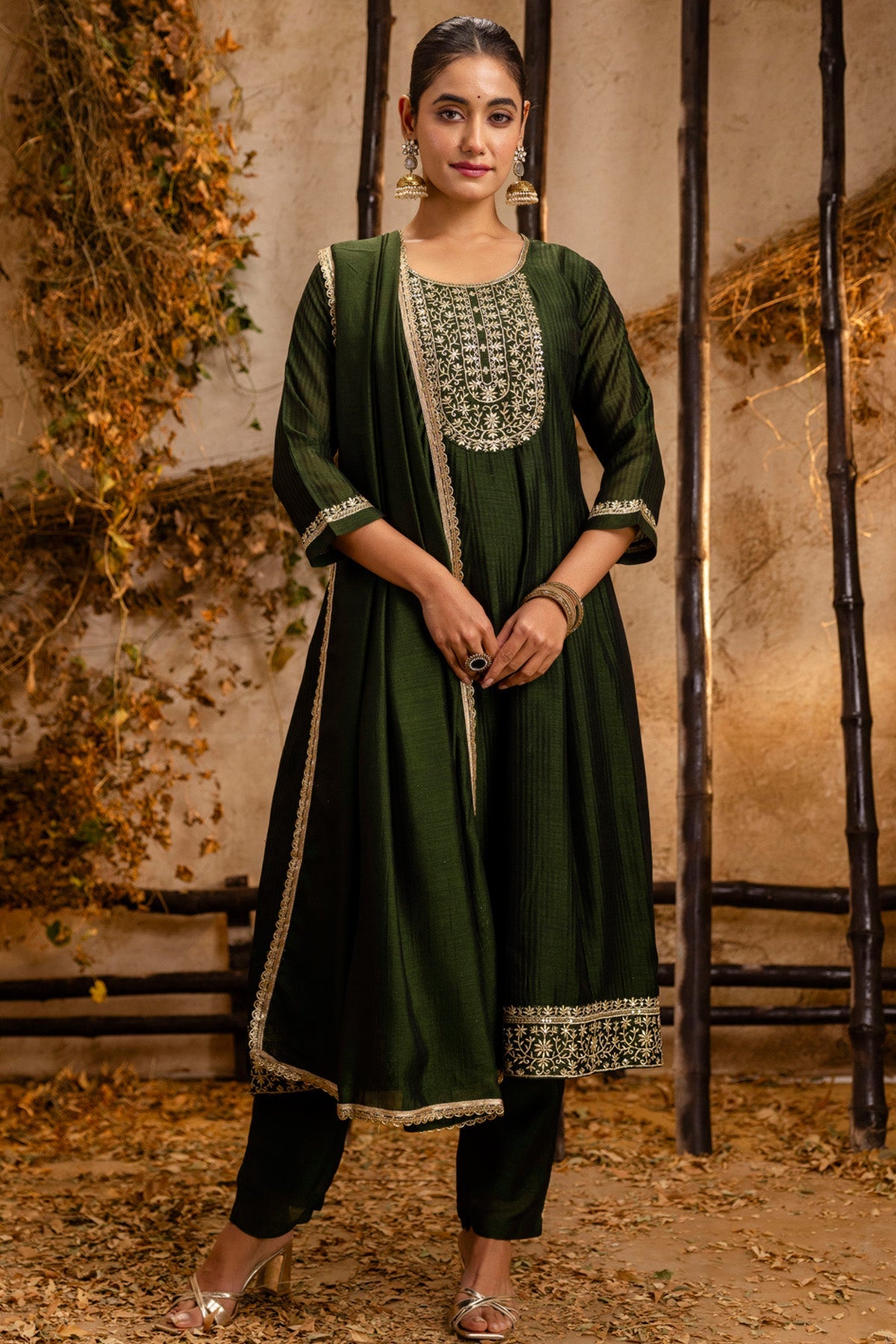 Buy Green Silk Round Neck Kurta Set for women by Aastha Fashion online available at scrollnshops