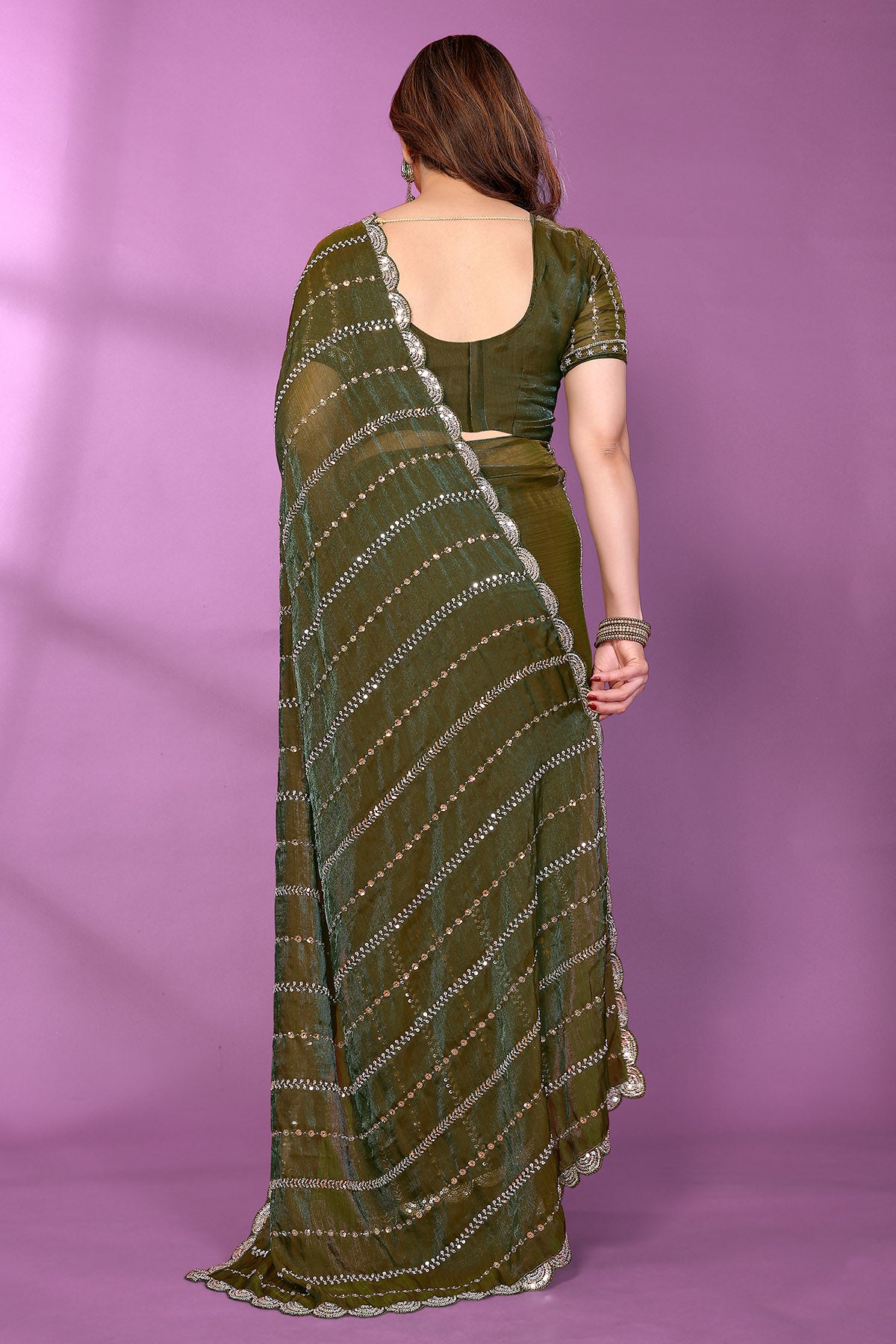 Green Silk Satin Beaded Saree
