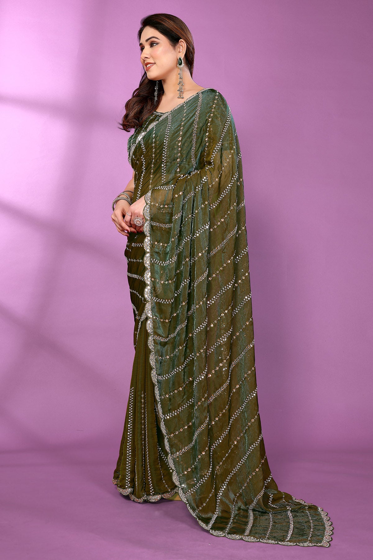 Green Silk Satin Beaded Saree