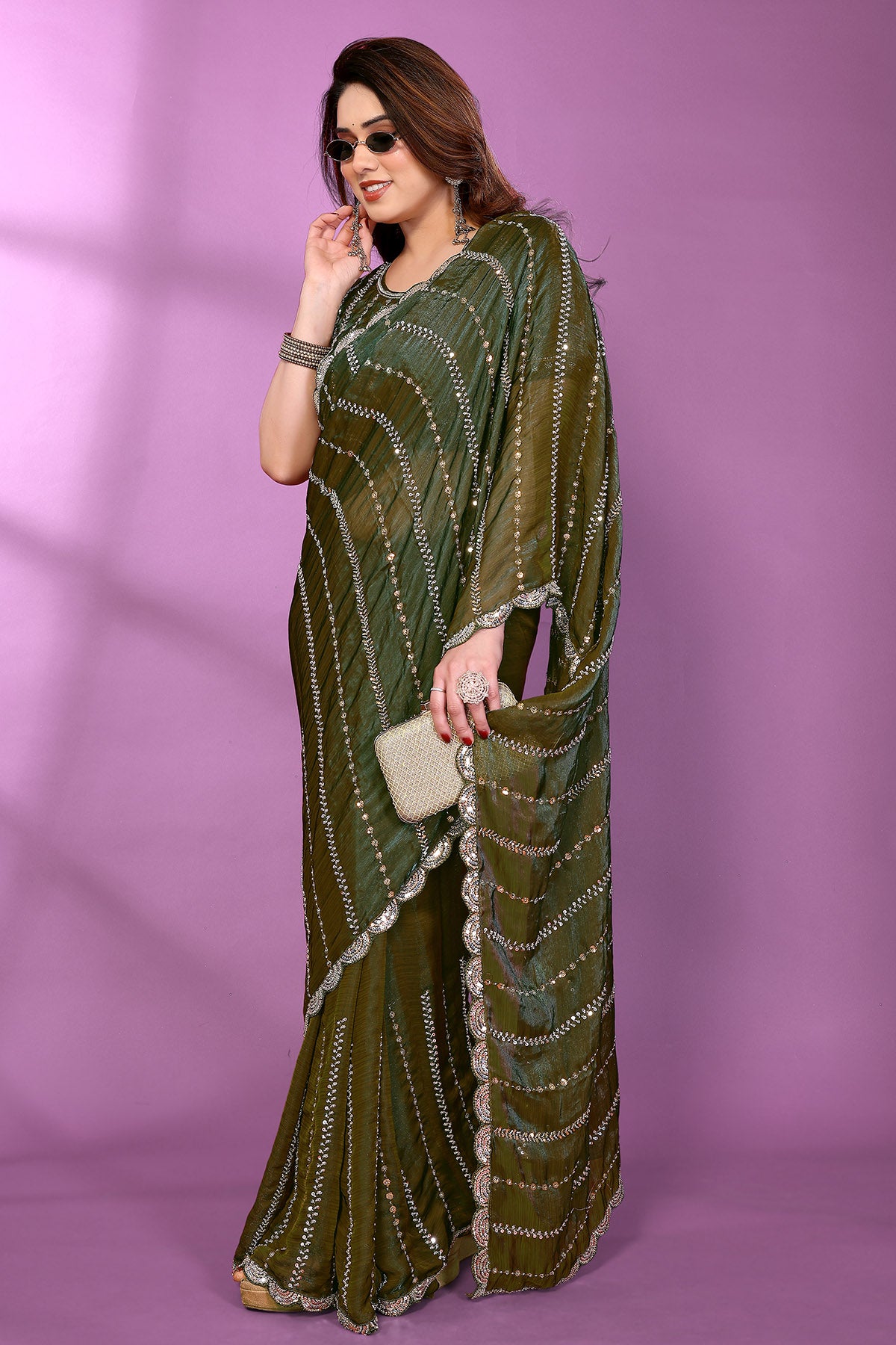 Green Silk Satin Beaded Saree