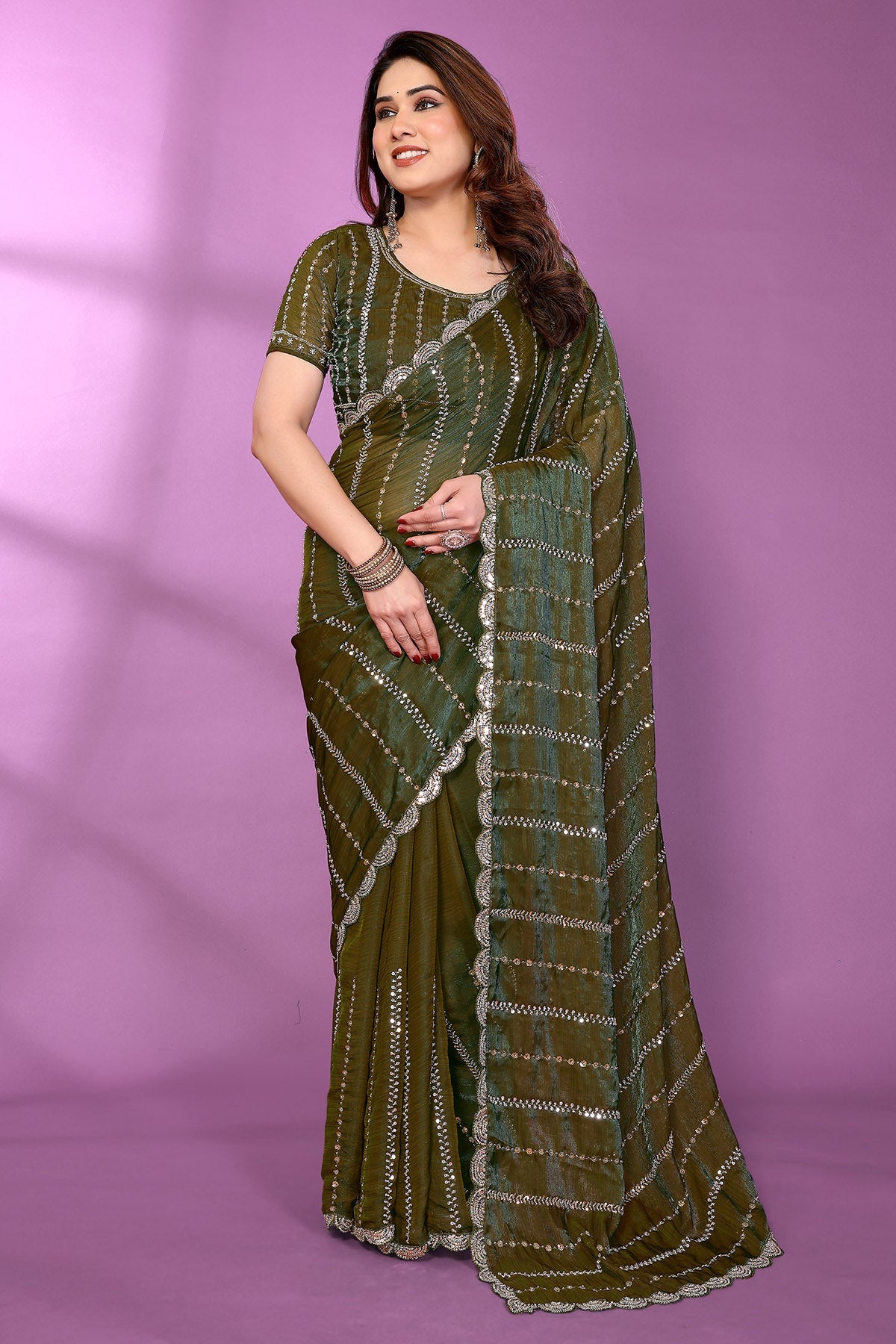 Buy Green Silk Satin Beaded Saree for women by Aastha Fashion online available at scrollnshops