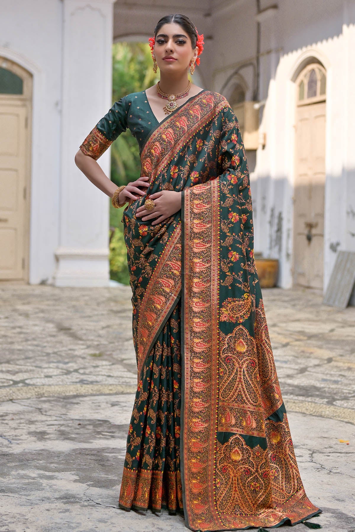 Buy Green Silk Thread Woven Saree by Lili Lala for women online at ScrollnShops