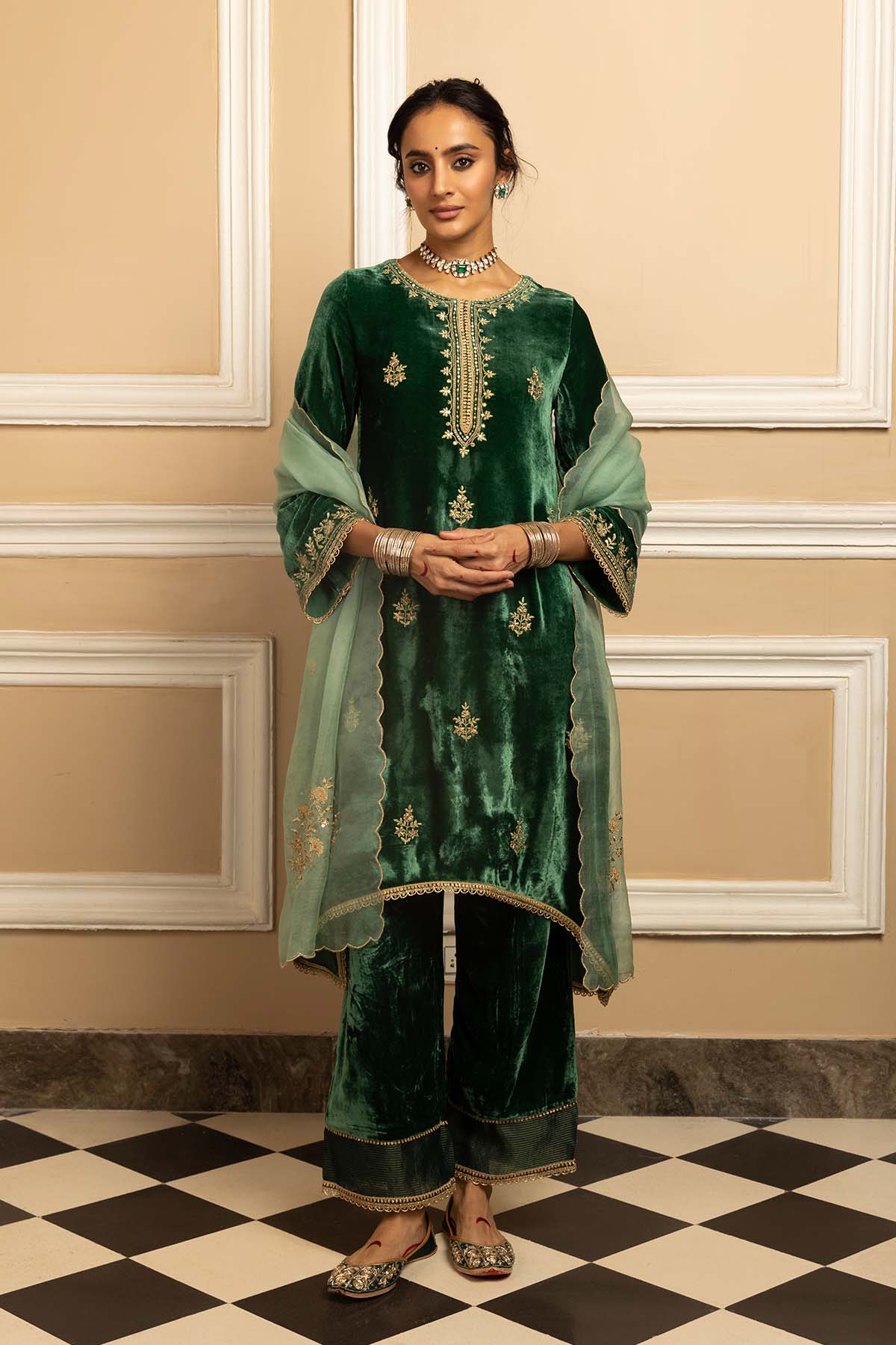 Buy Green Silk Velvet Kurta Set by Dohr India for women online at ScrollnShops